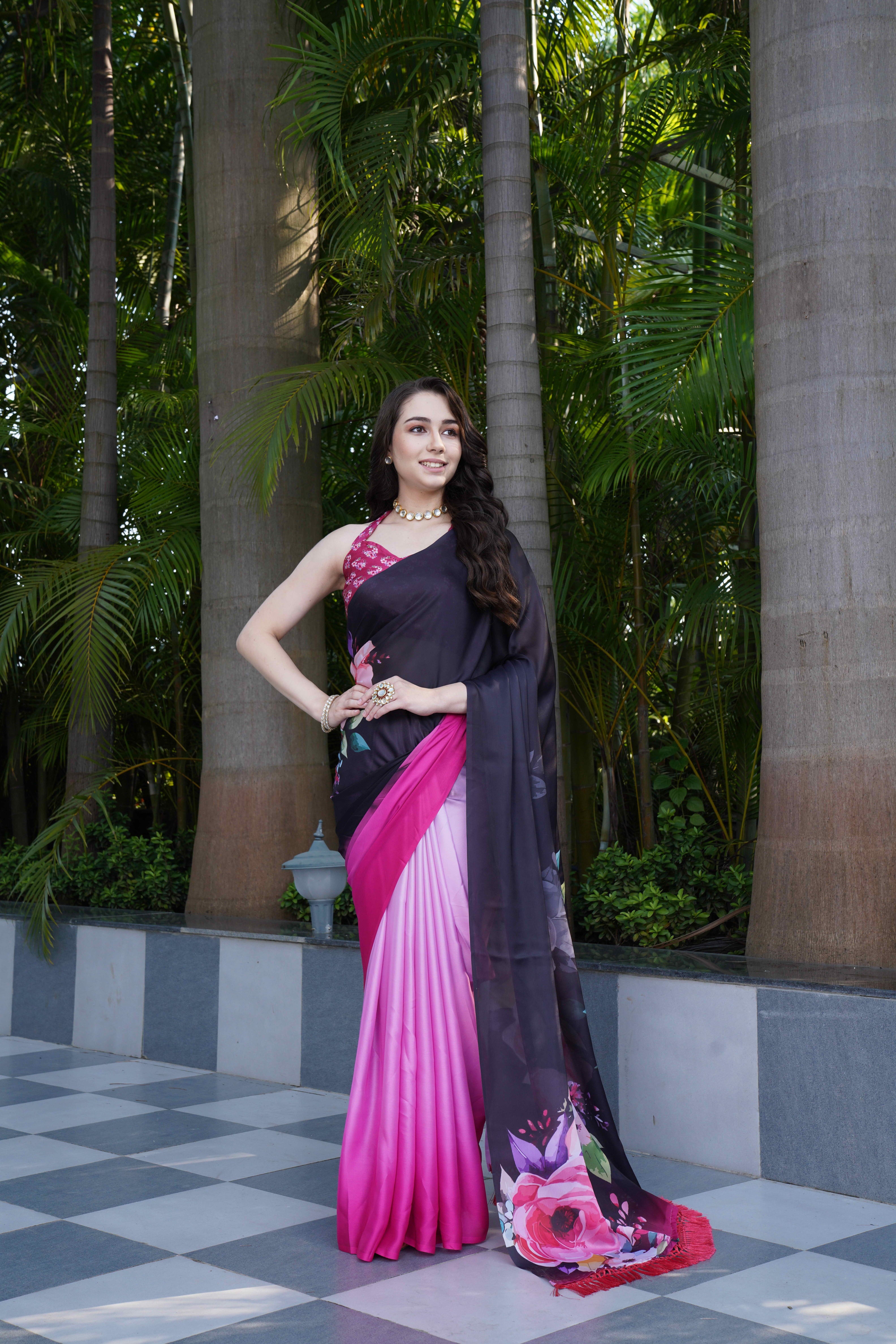 Black Pink Colour Block Georgette Saree