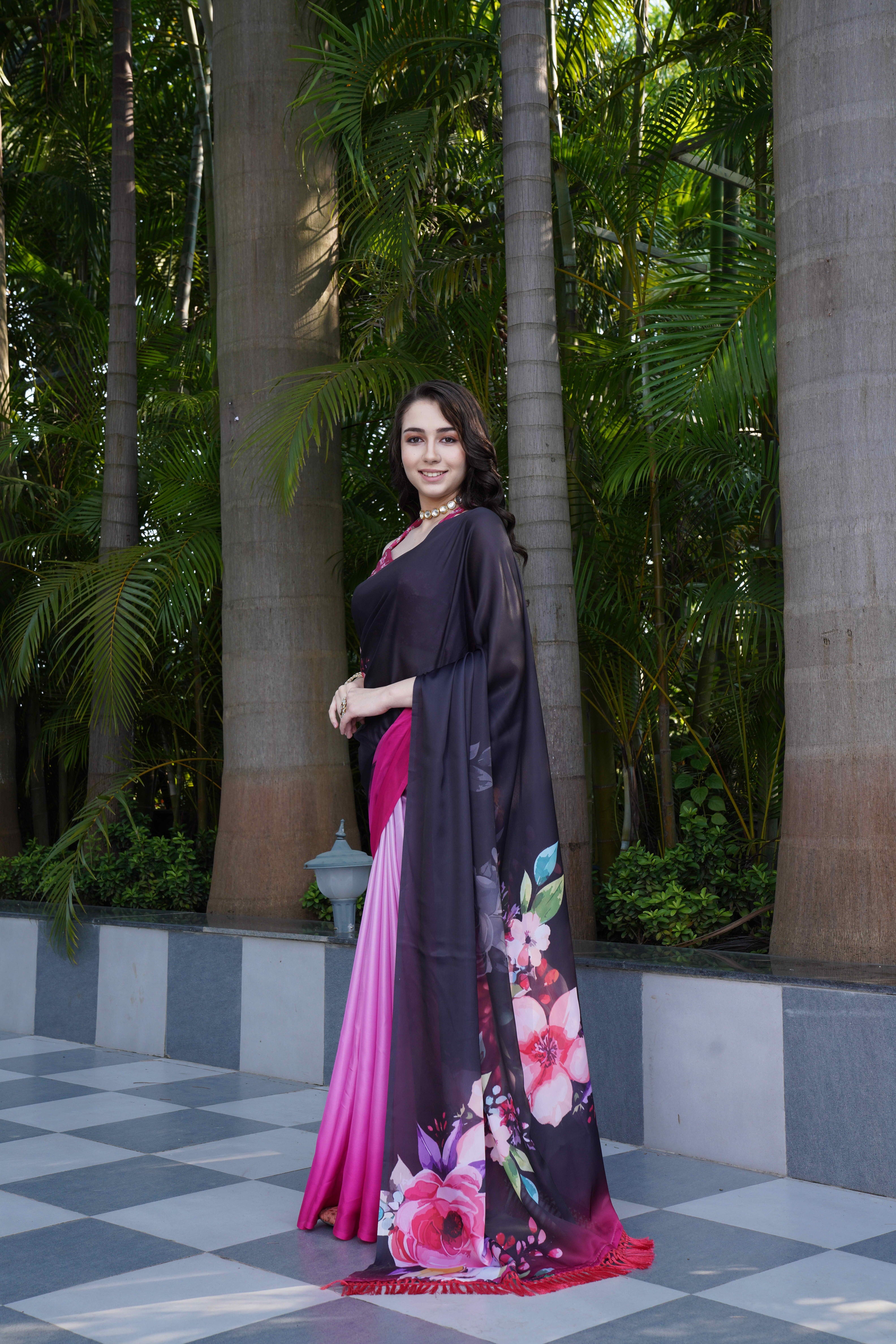 Black Pink Colour Block Georgette Saree