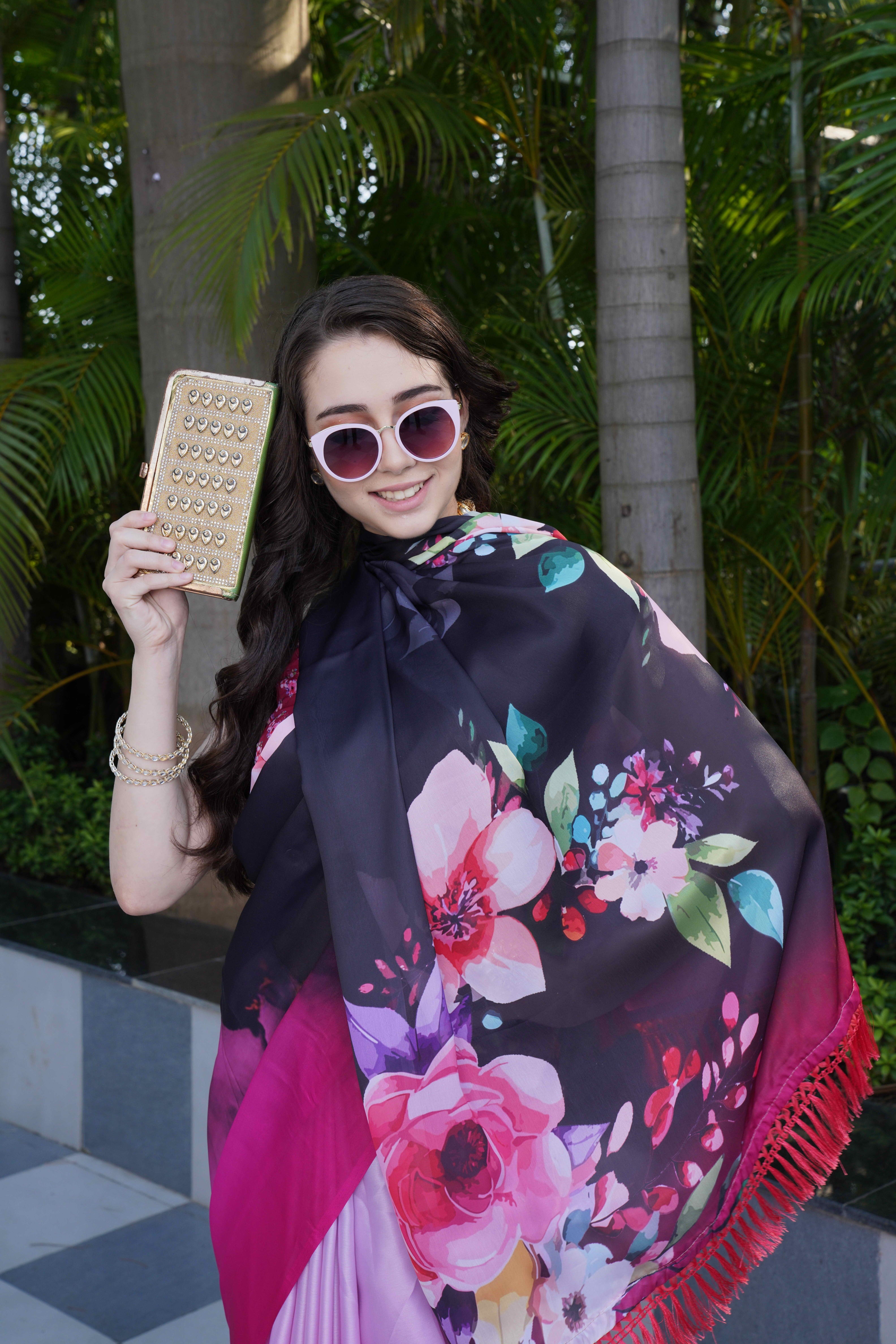 Black Pink Colour Block Georgette Saree