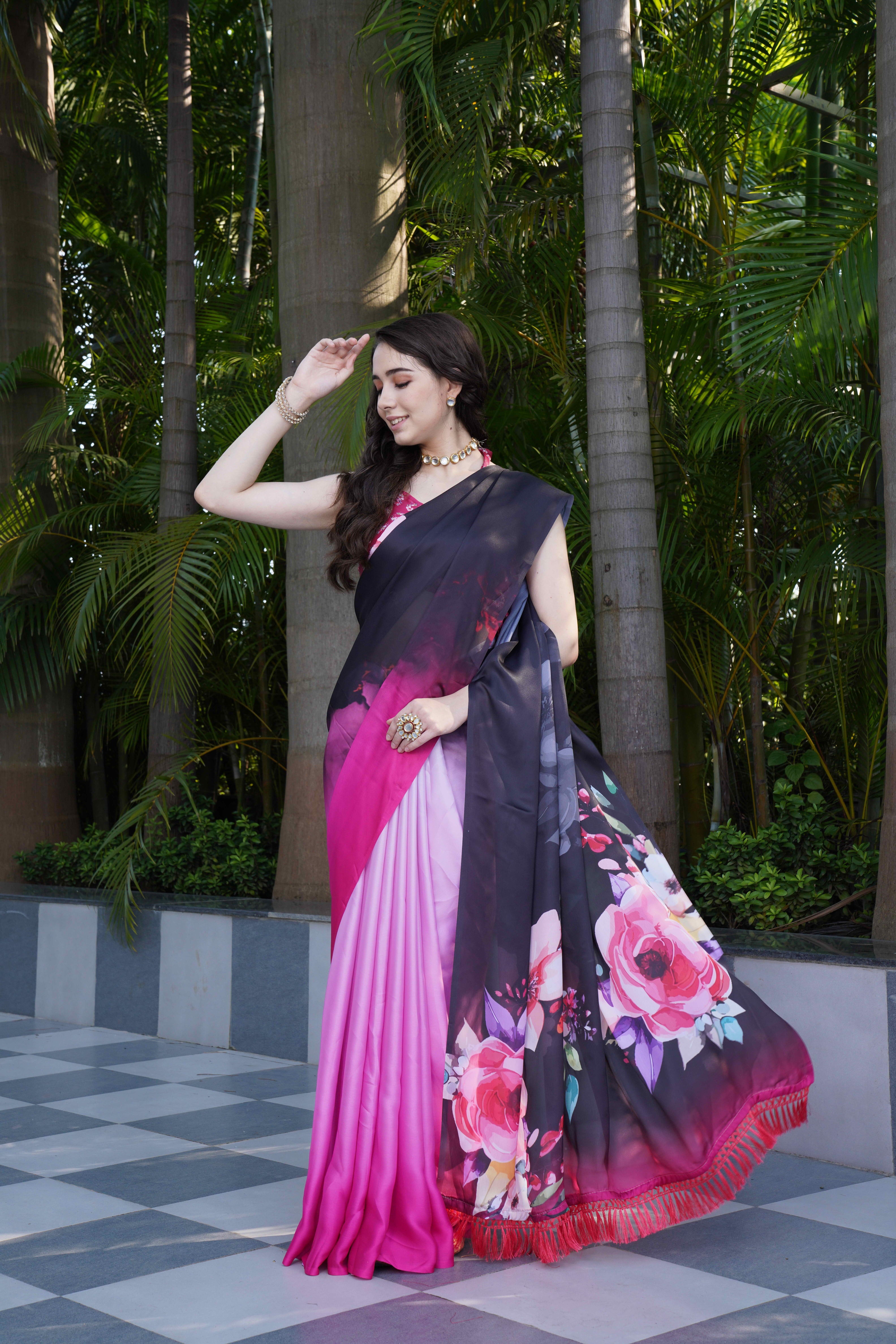 Black Pink Colour Block Georgette Saree