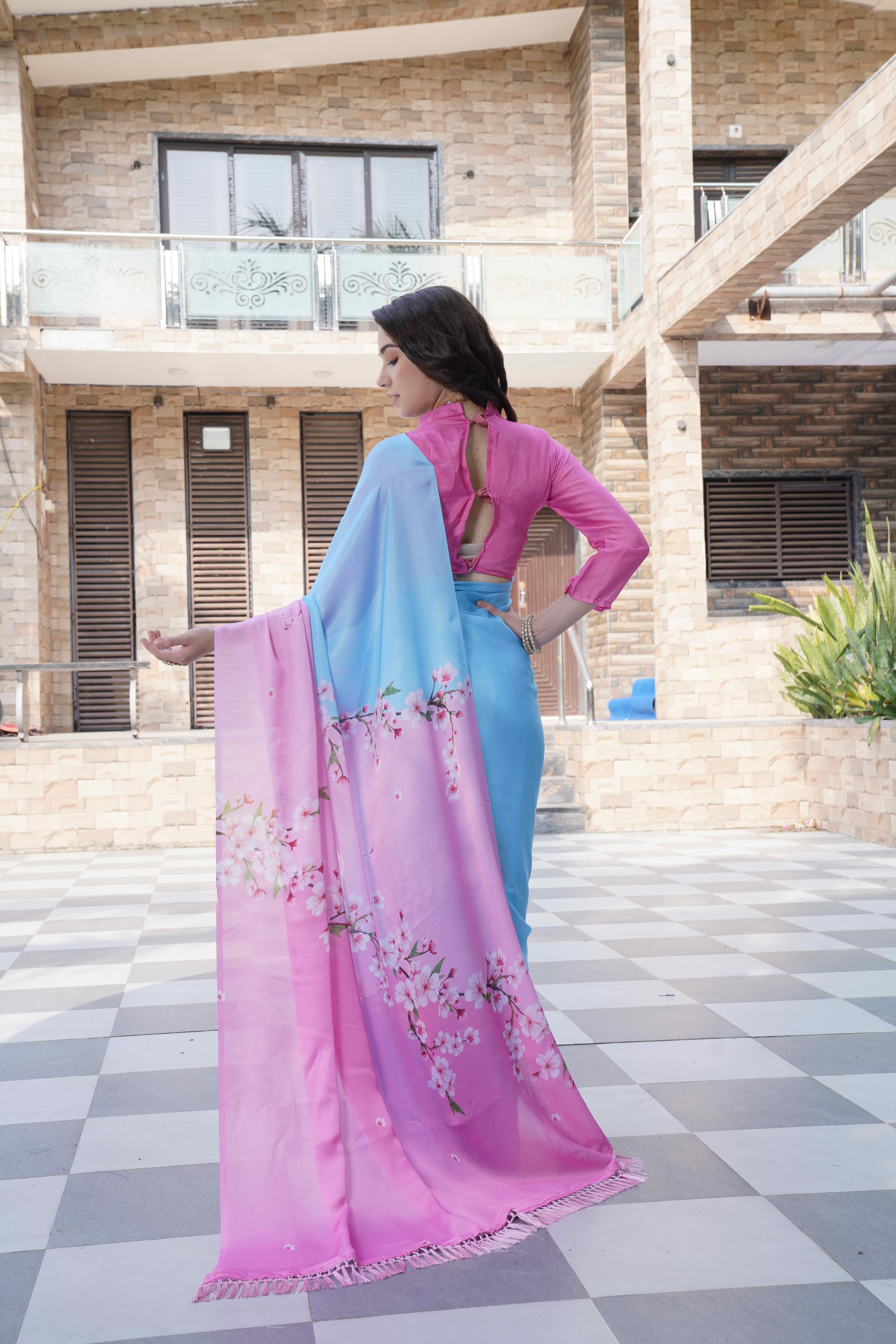 Sky Blue Colour Block Georgette Saree