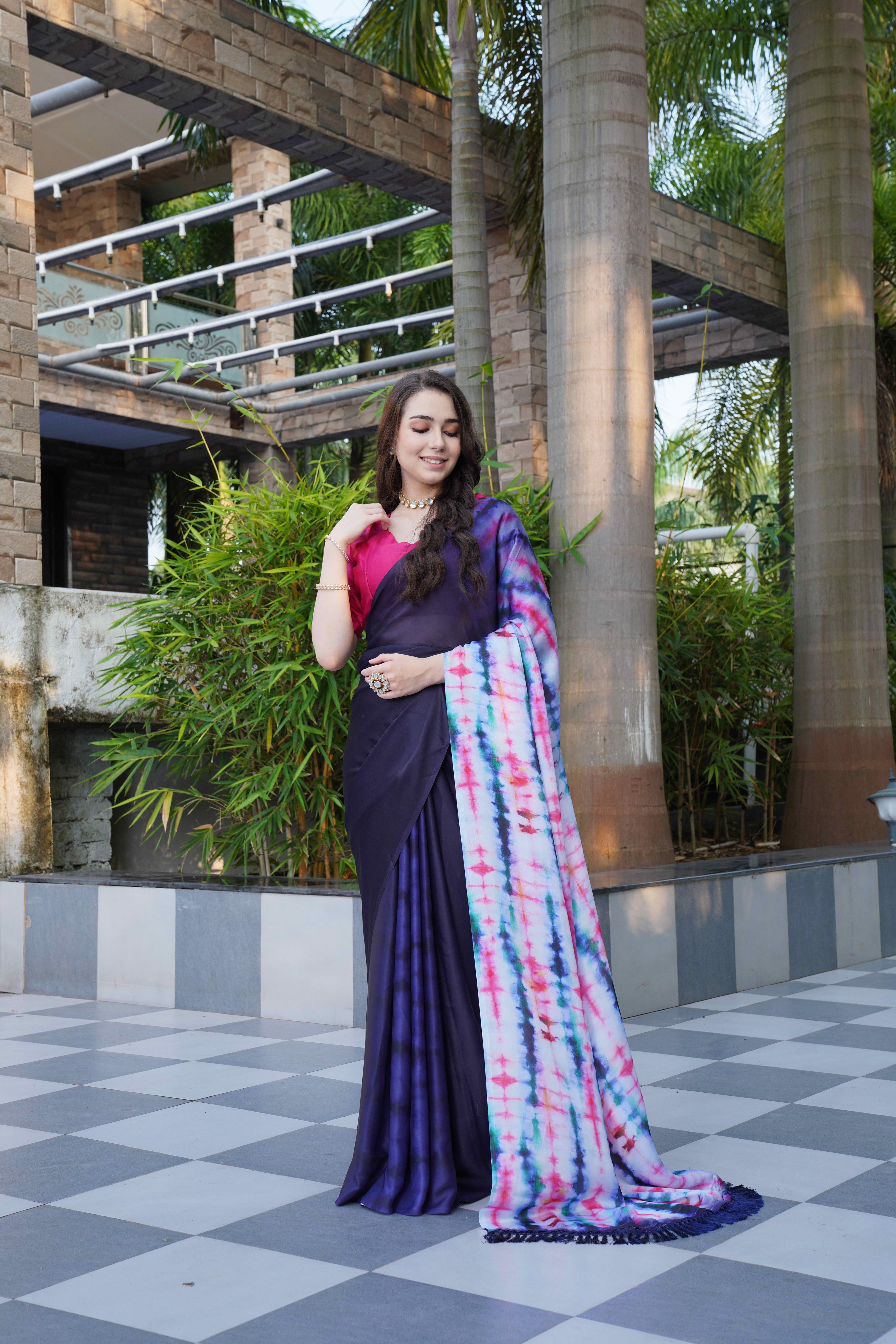 Dark Blue Colour Block Georgette Saree