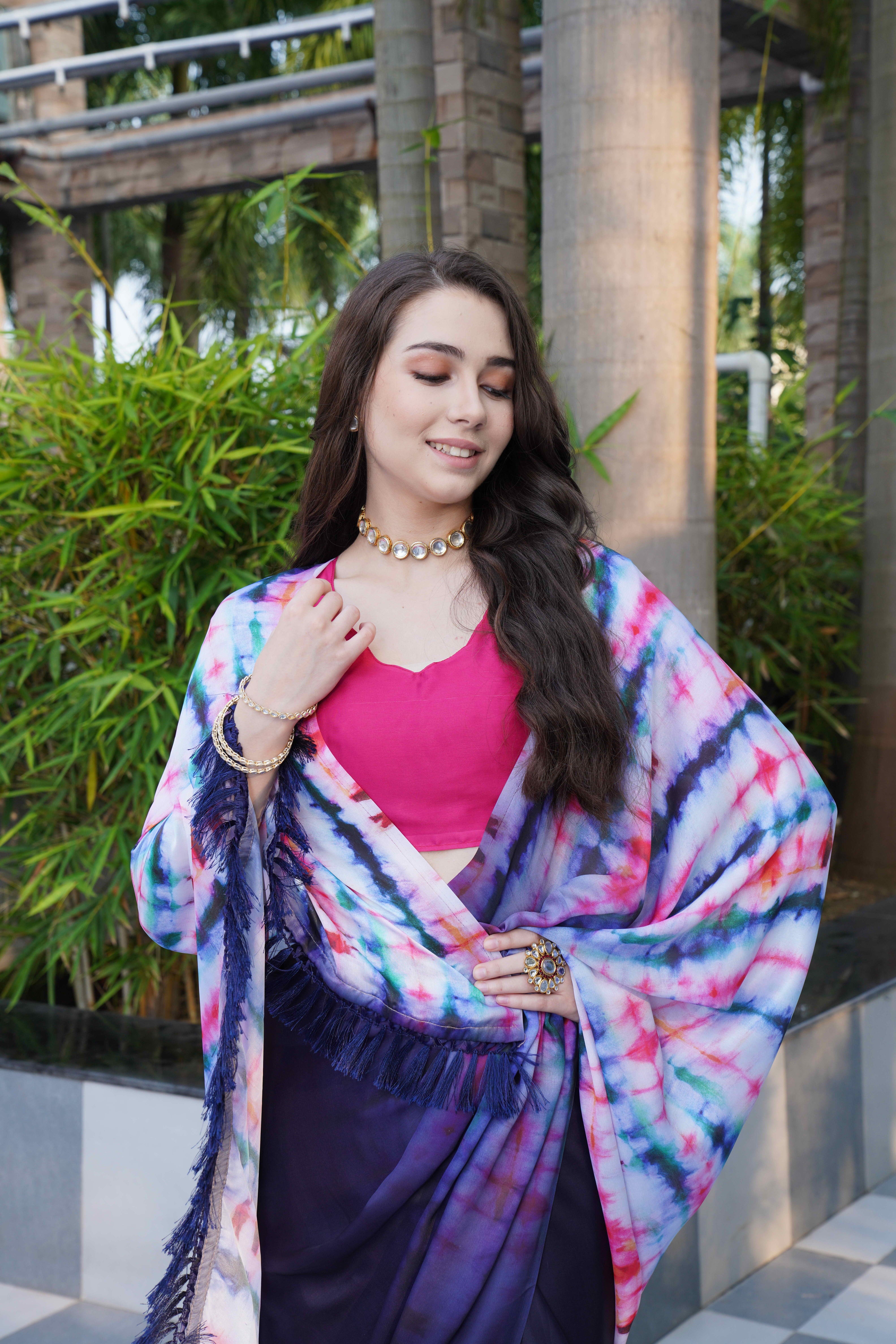 Dark Blue Colour Block Georgette Saree