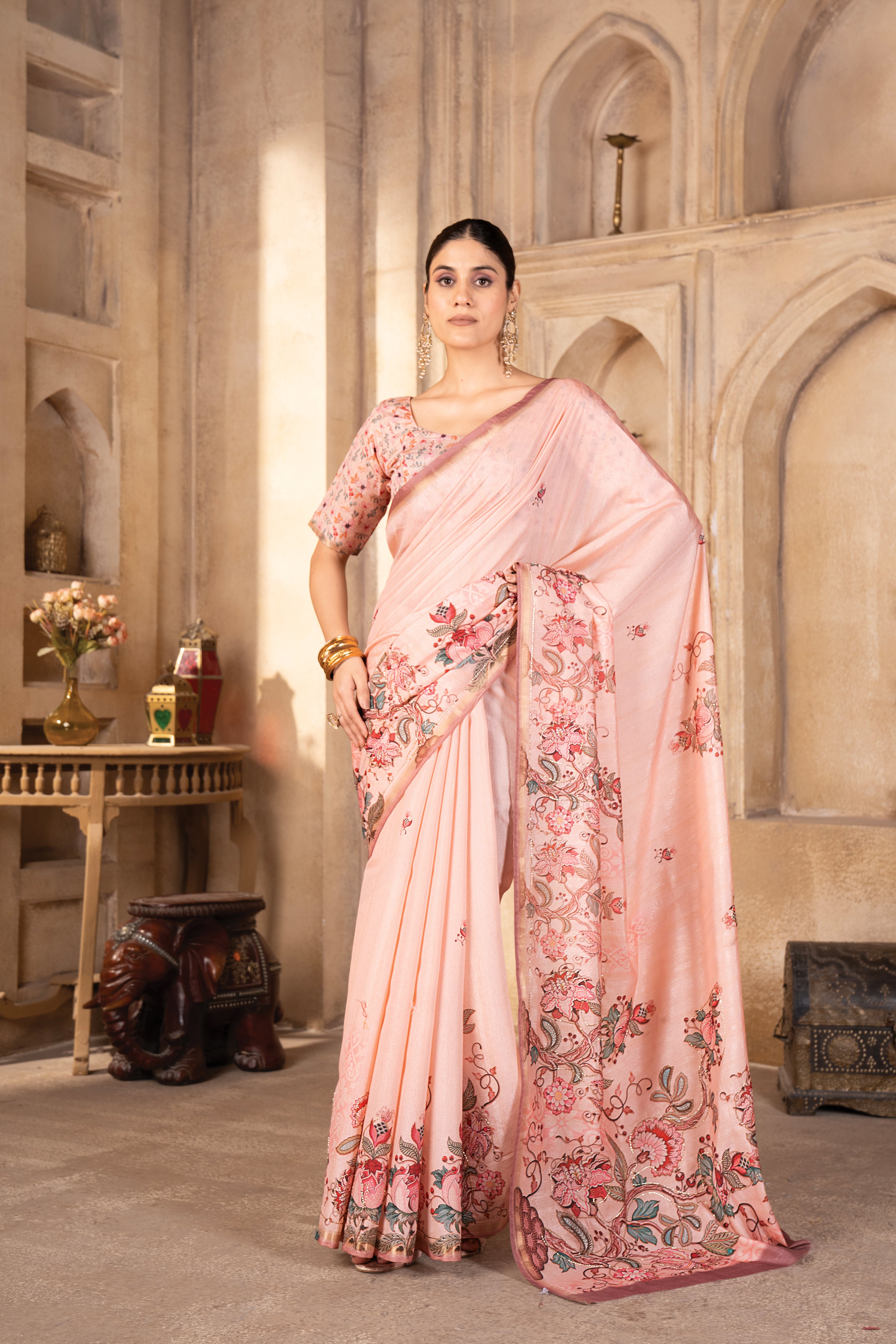 Gajari Premium Silk Blend Kalamkari Digital Print Saree