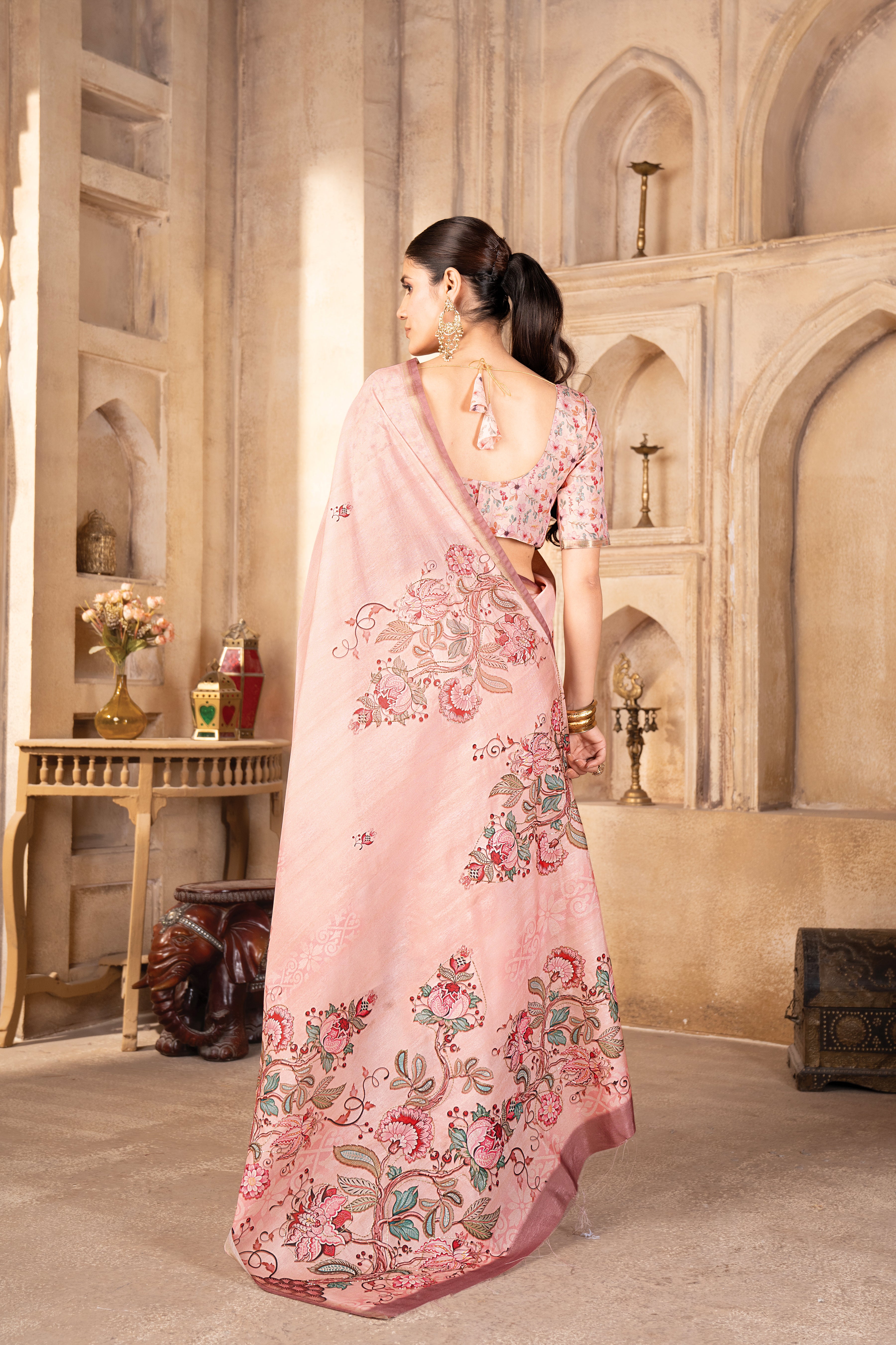 Gajari Premium Silk Blend Kalamkari Digital Print Saree