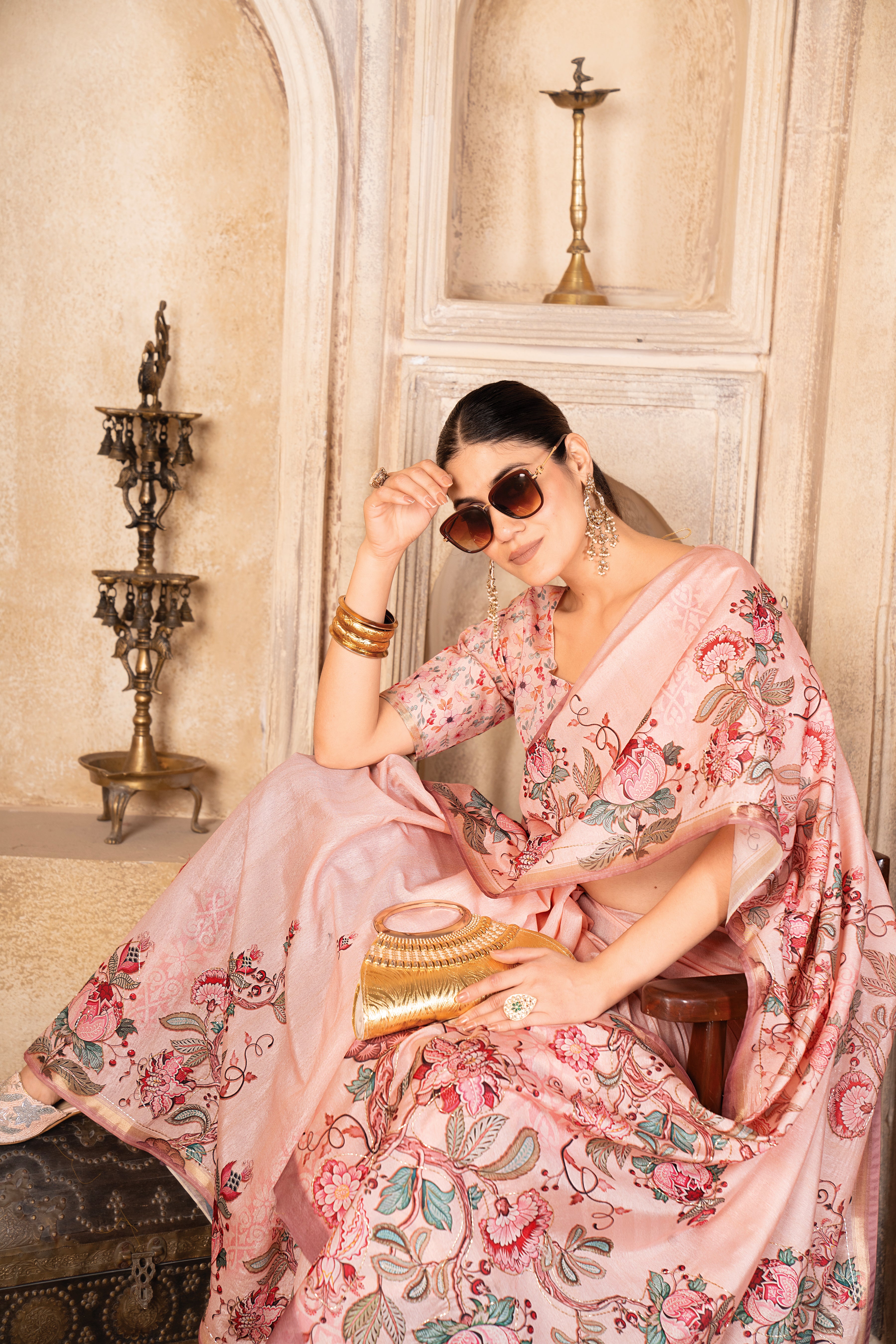 Gajari Premium Silk Blend Kalamkari Digital Print Saree