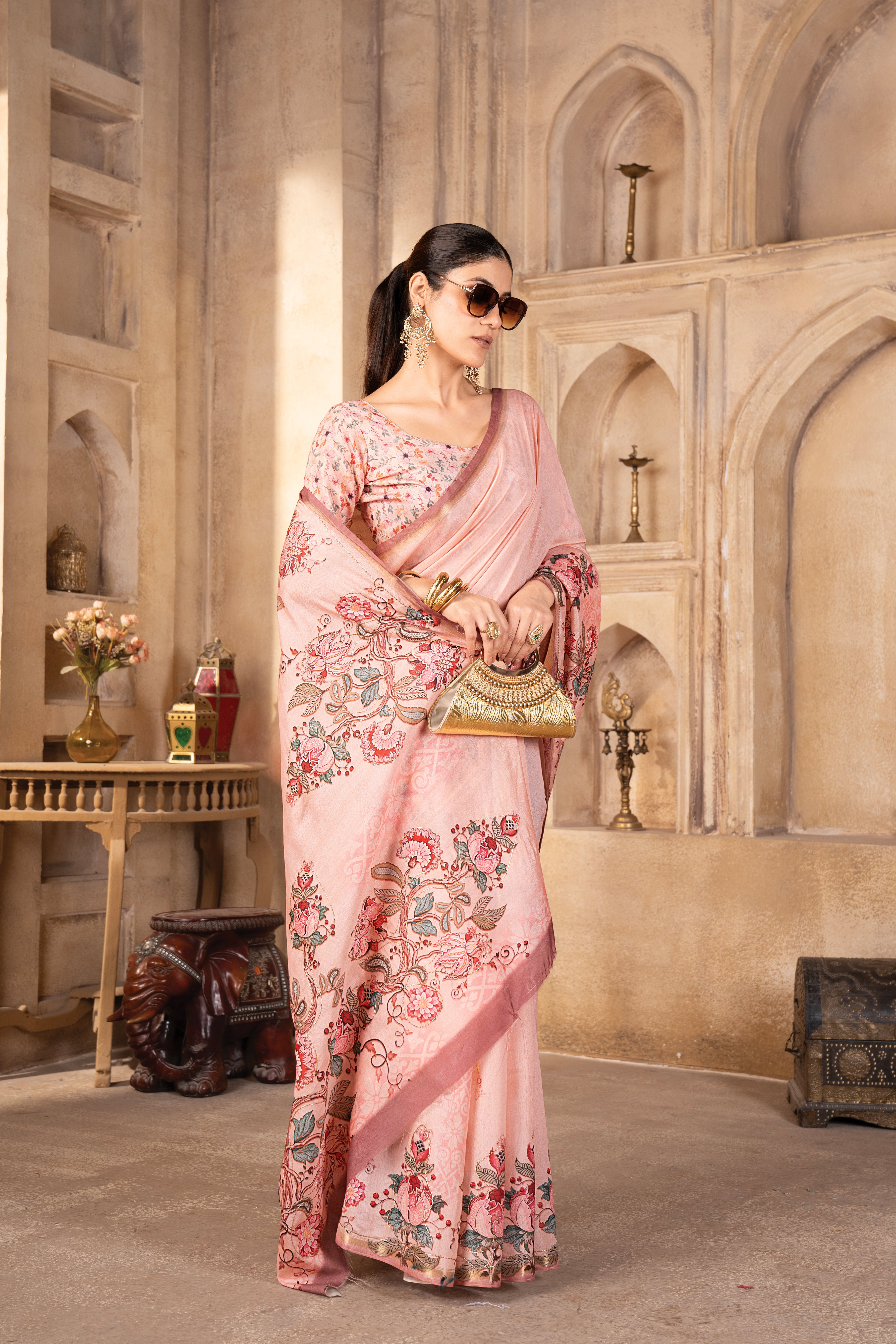 Gajari Premium Silk Blend Kalamkari Digital Print Saree