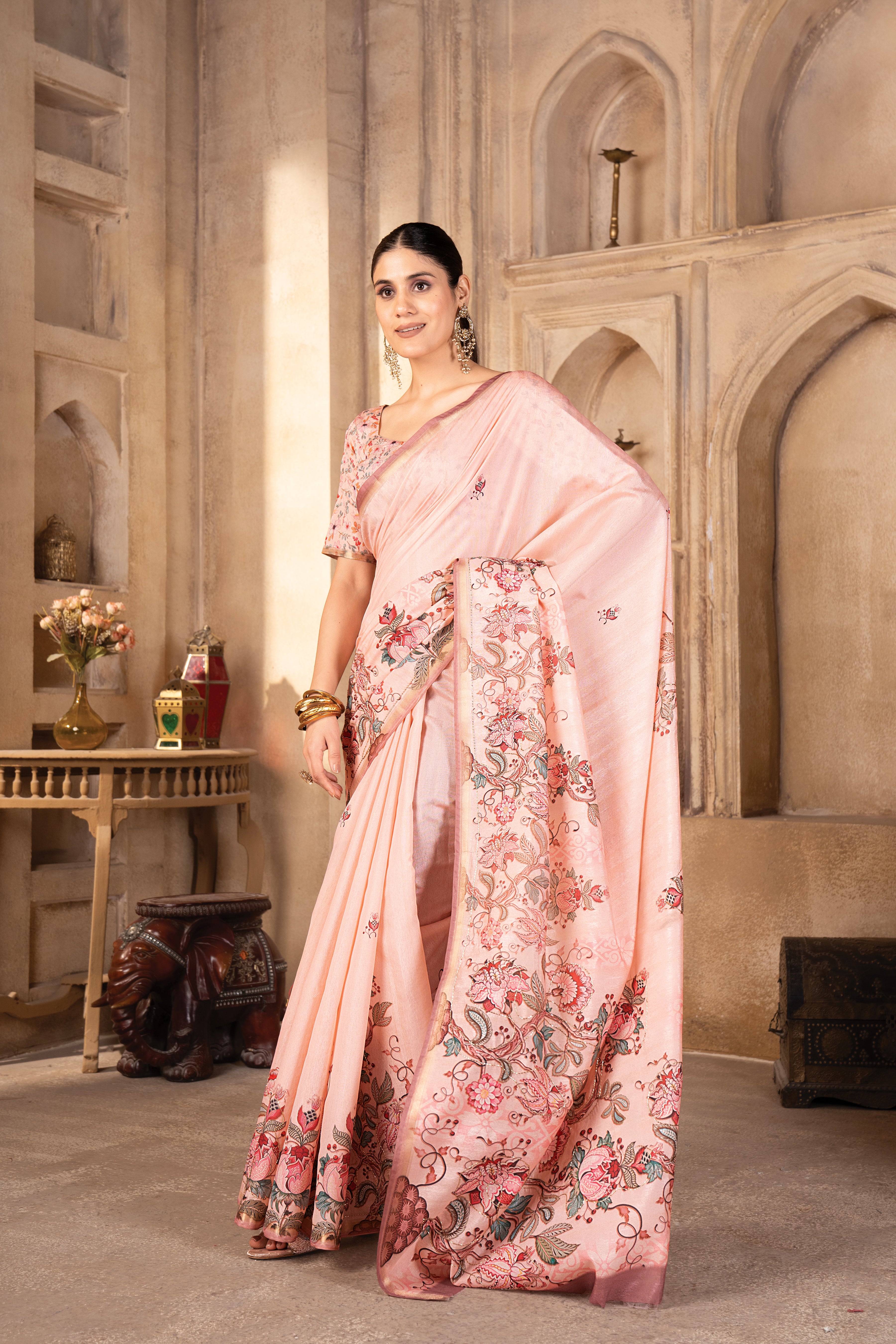 Gajari Premium Silk Blend Kalamkari Digital Print Saree