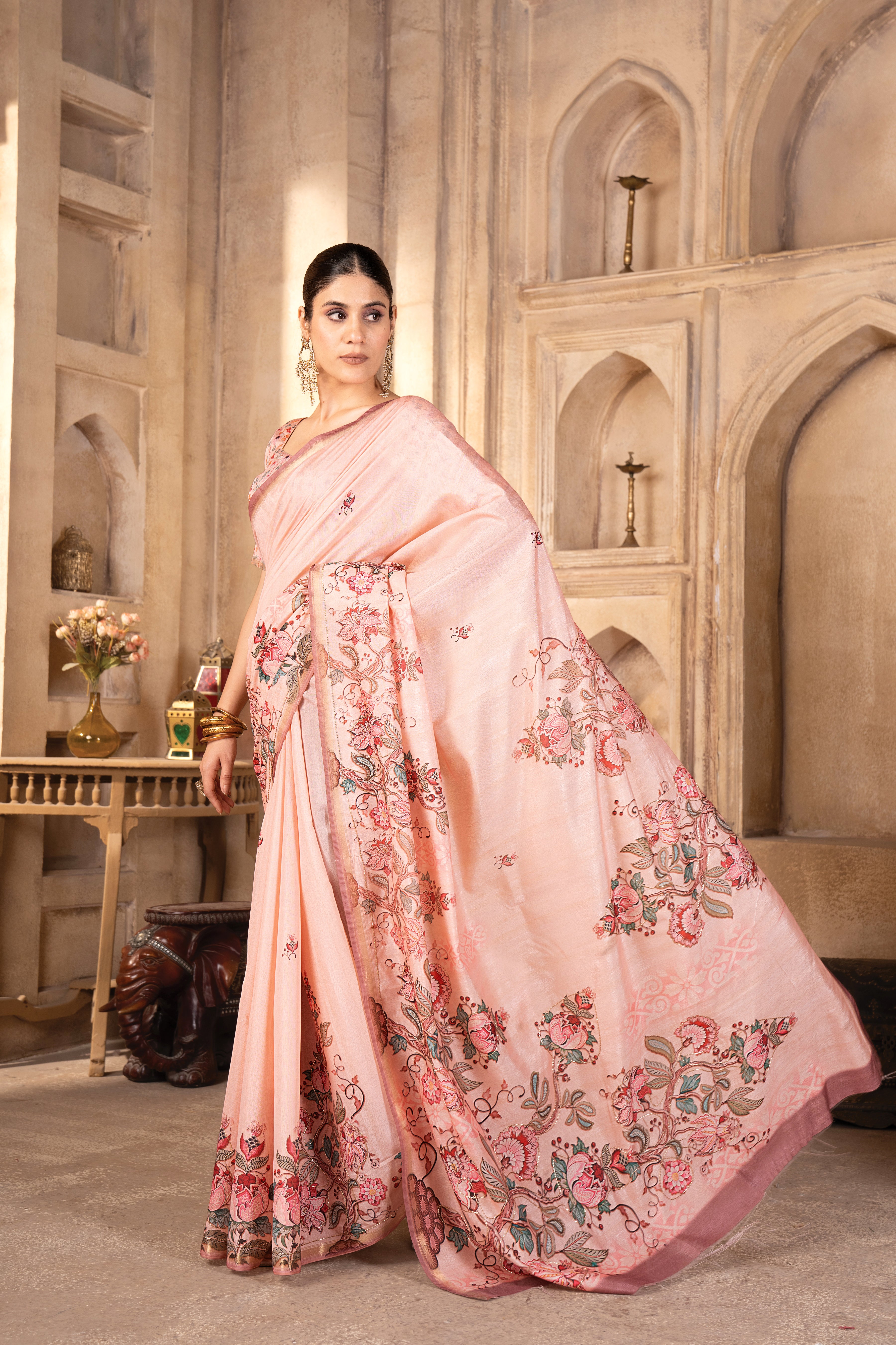 Gajari Premium Silk Blend Kalamkari Digital Print Saree