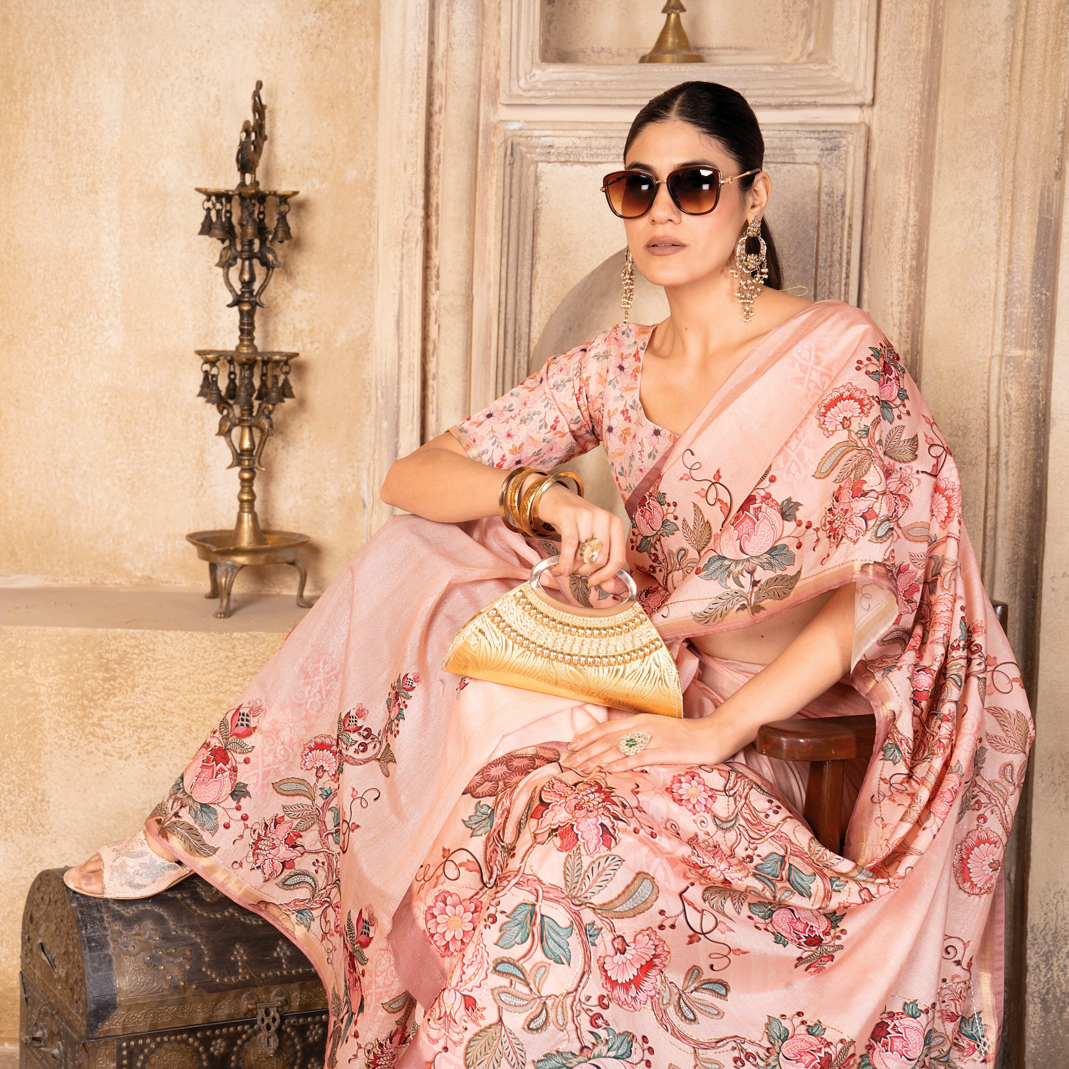 Gajari Premium Silk Blend Kalamkari Digital Print Saree