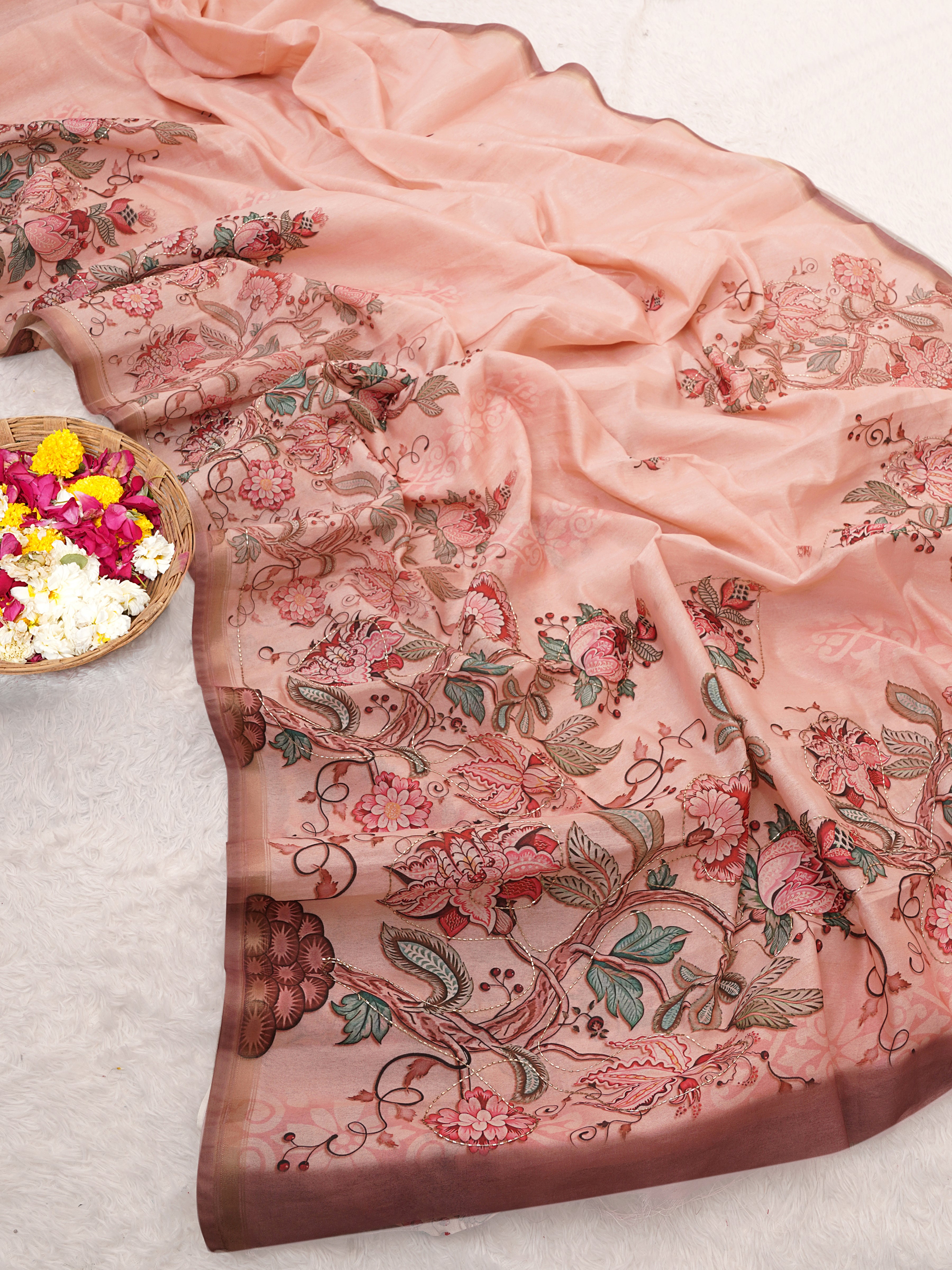 Gajari Premium Silk Blend Kalamkari Digital Print Saree