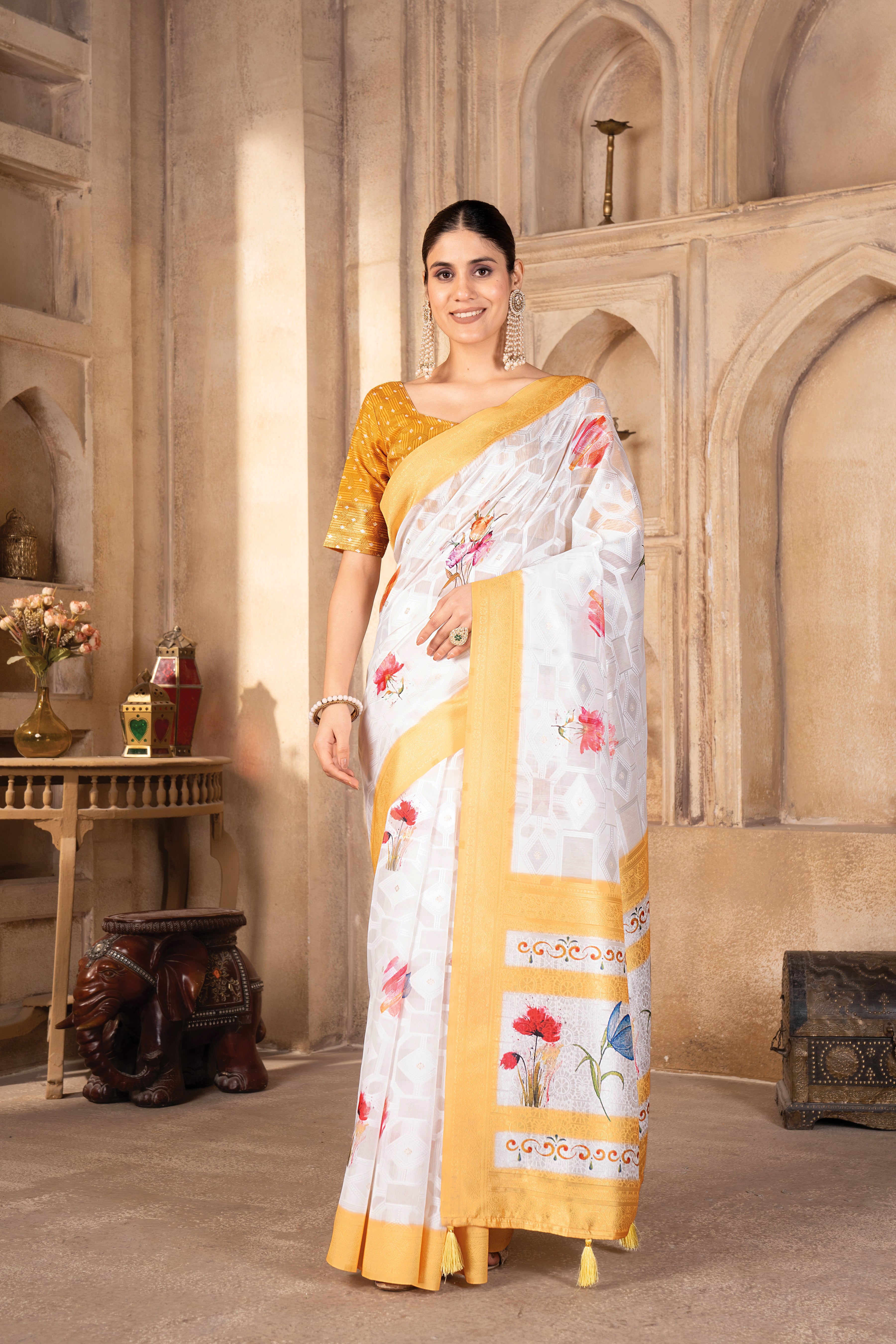 Pranamita Lakhnavi Yellow Blend Cotton Floral Digital Print Saree