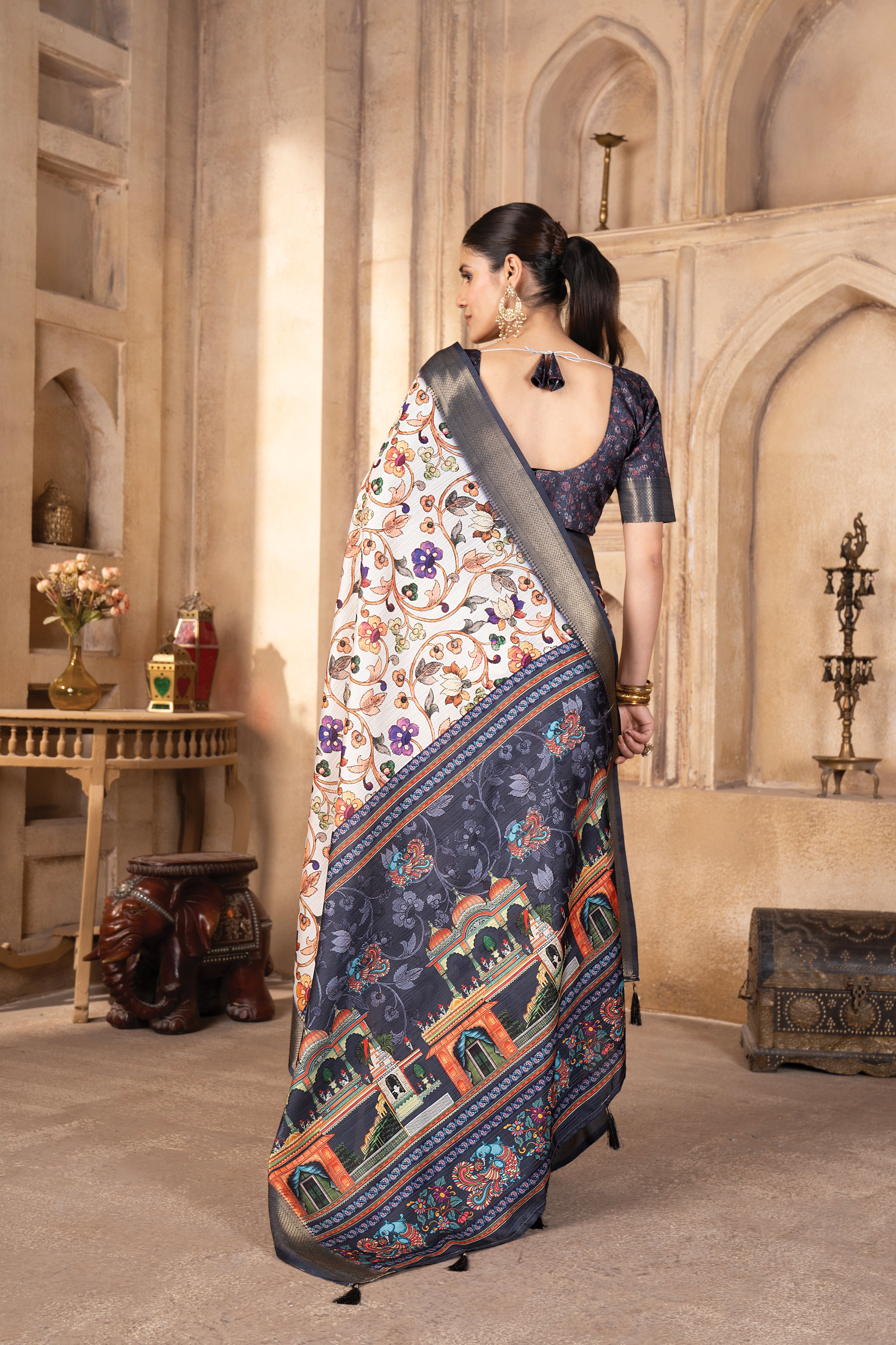 Cream Bhagalpuri Silk Pallu Kalamkari Saree