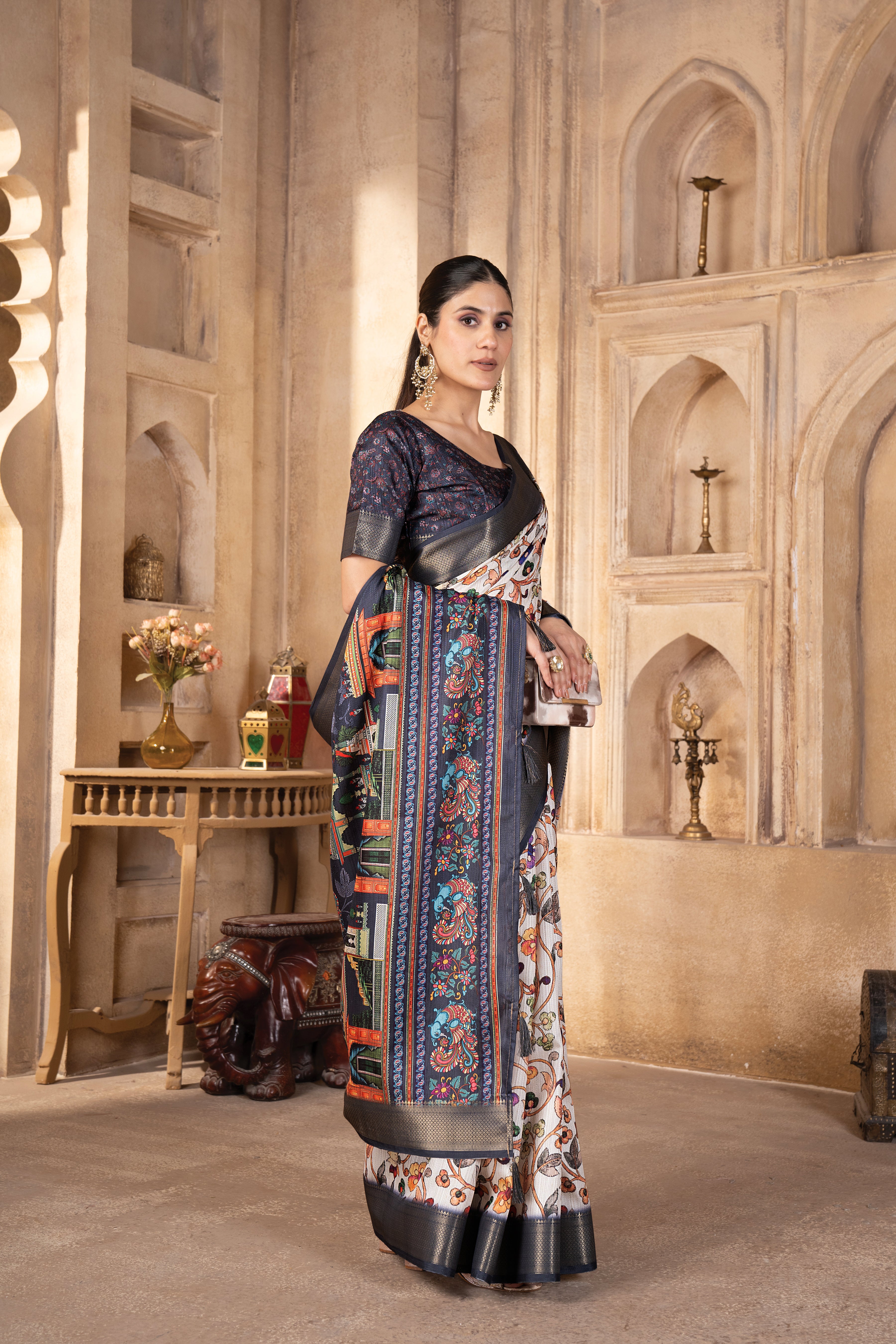 Cream Bhagalpuri Silk Pallu Kalamkari Saree