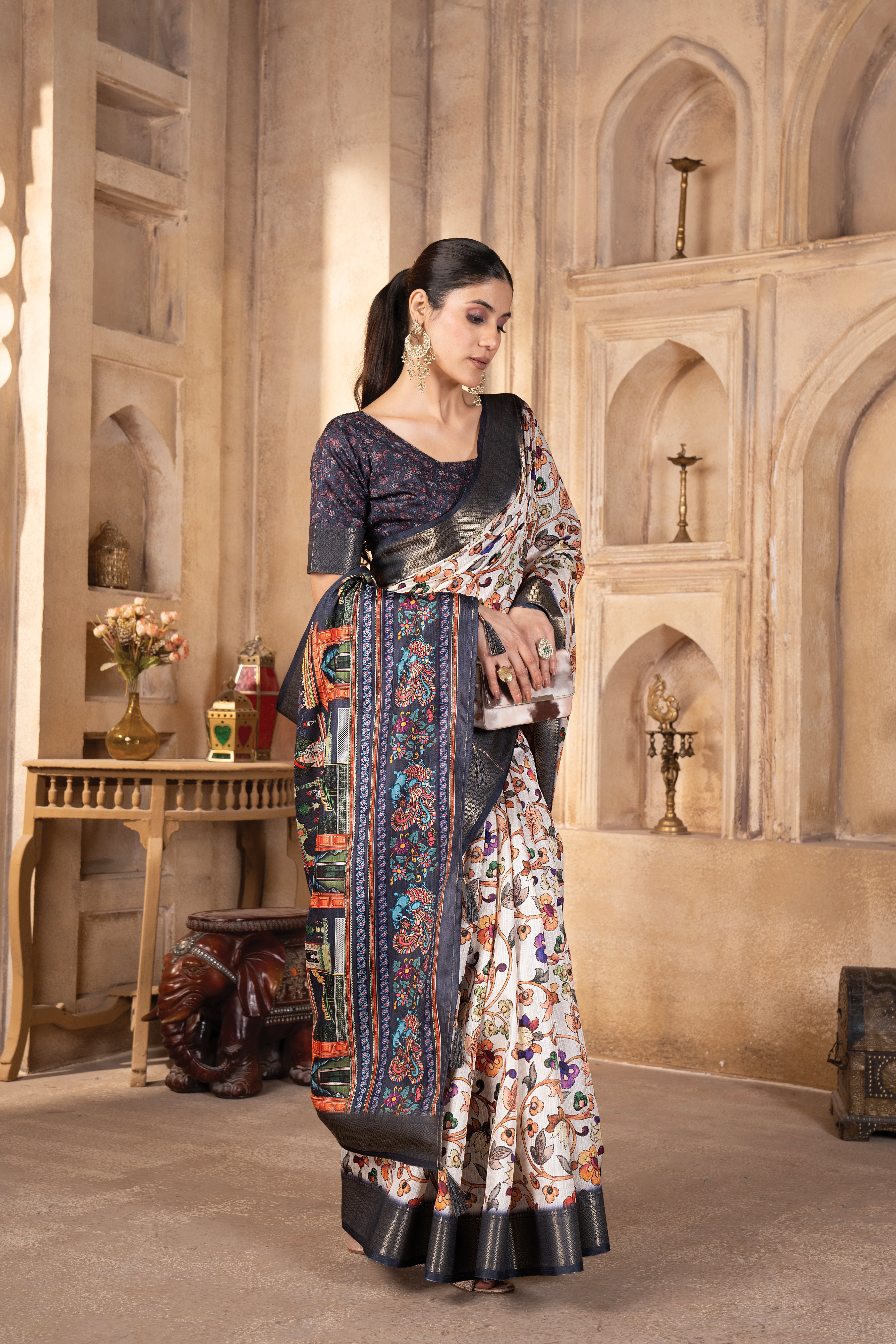 Cream Bhagalpuri Silk Pallu Kalamkari Saree