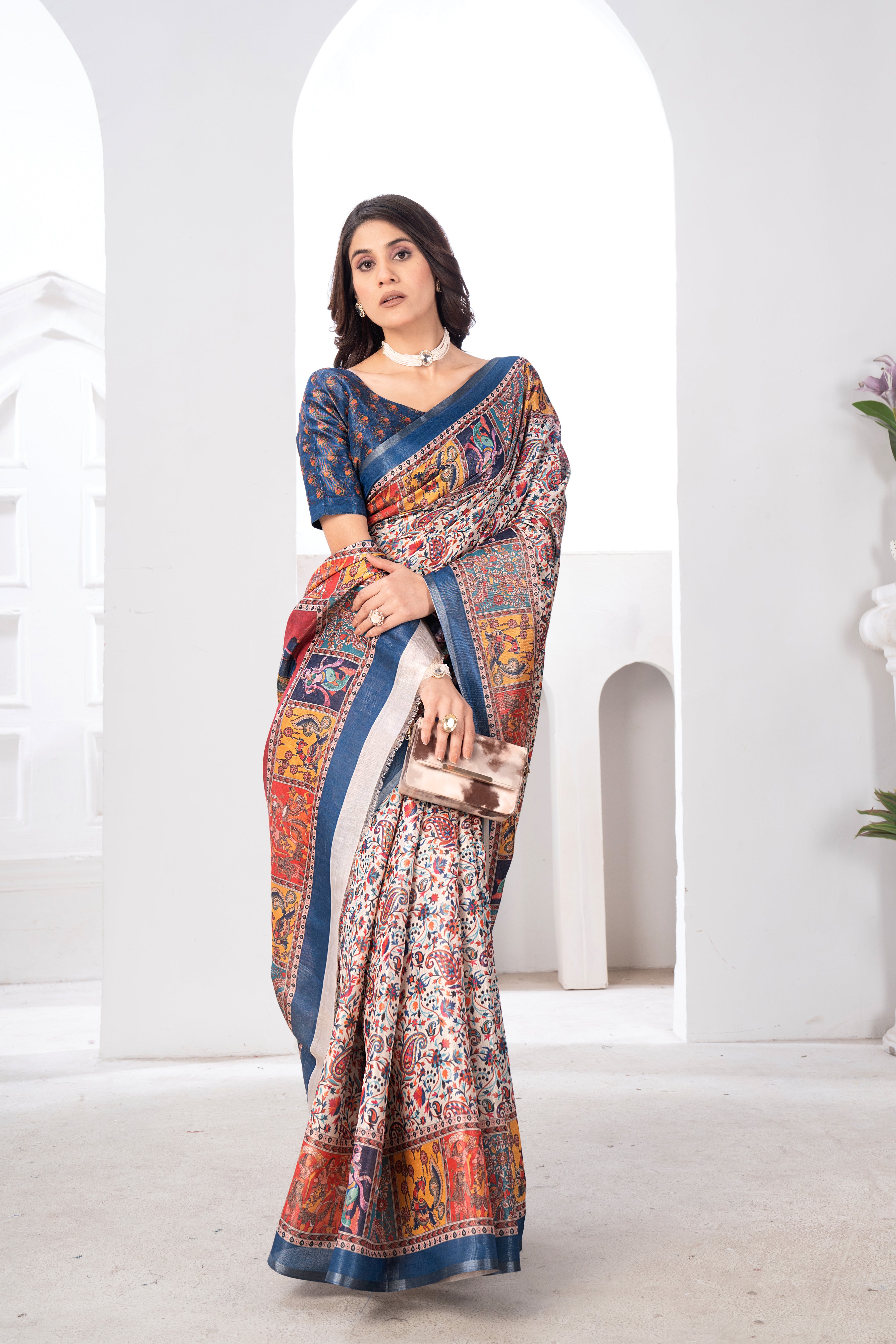 Multicolour Charcoal Tissue Kalamkari Saree