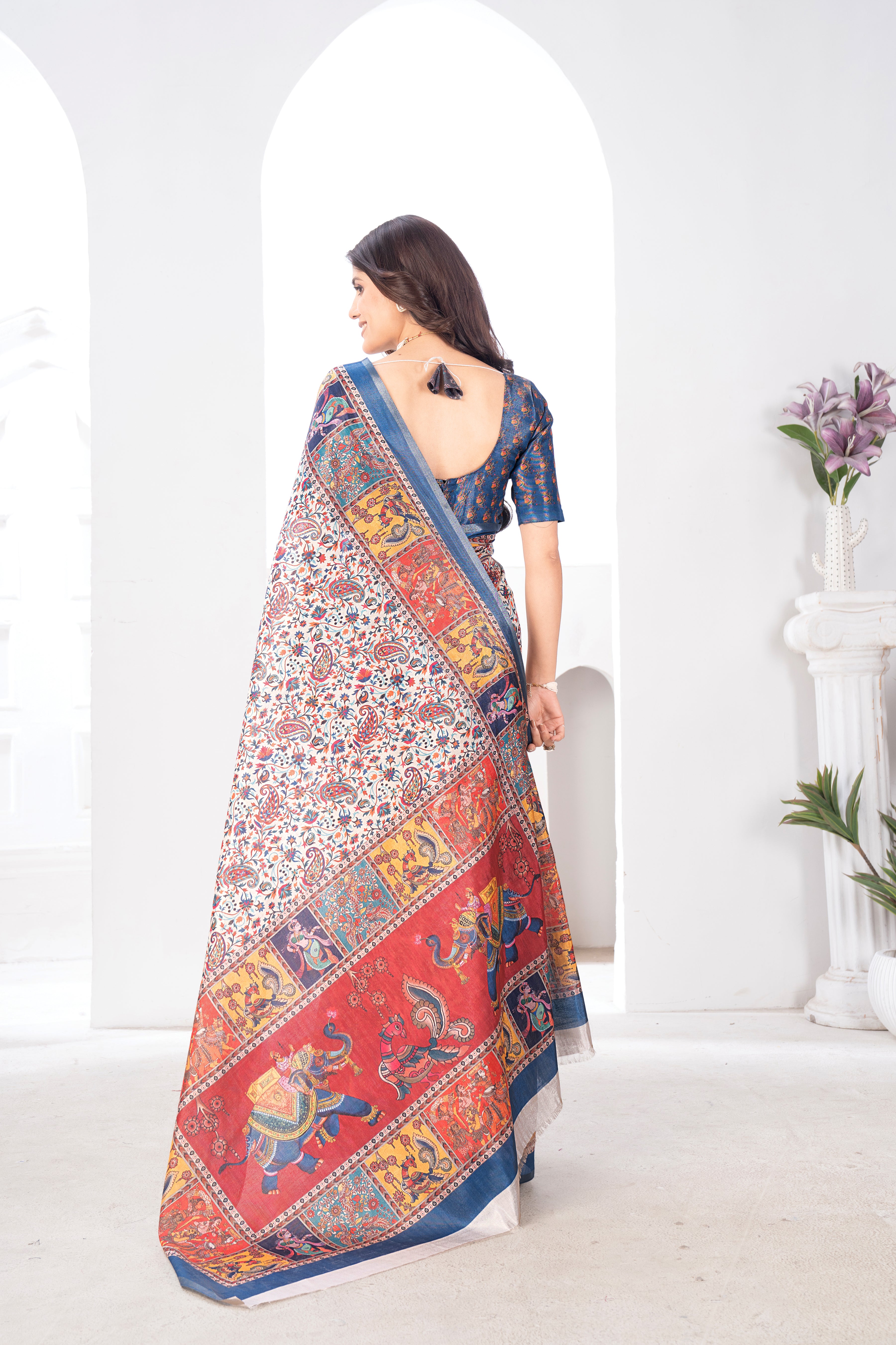 Multicolour Charcoal Tissue Kalamkari Saree