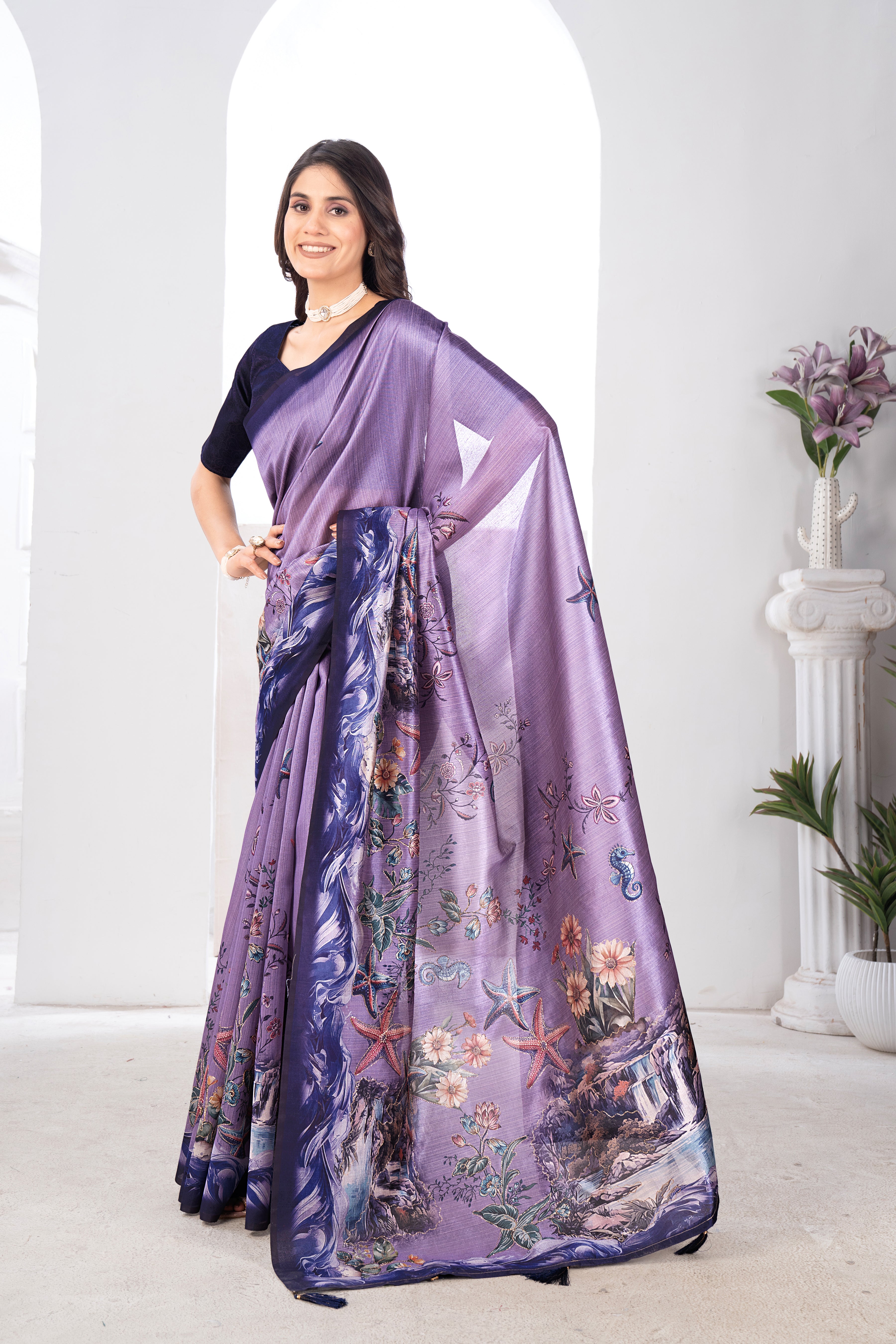 Lavender Zarna Silk Blend Kalamkari Saree