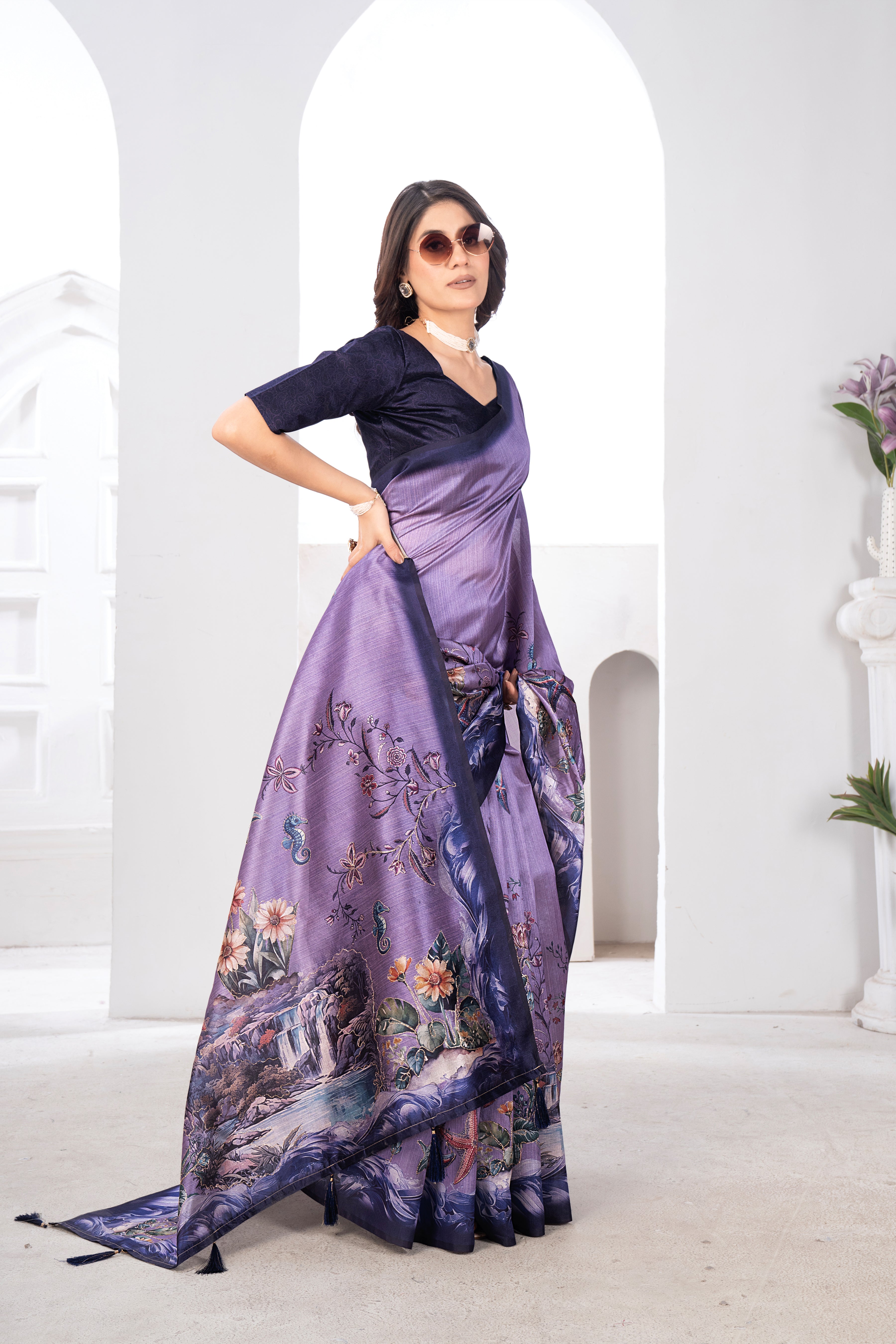 Lavender Zarna Silk Blend Kalamkari Saree