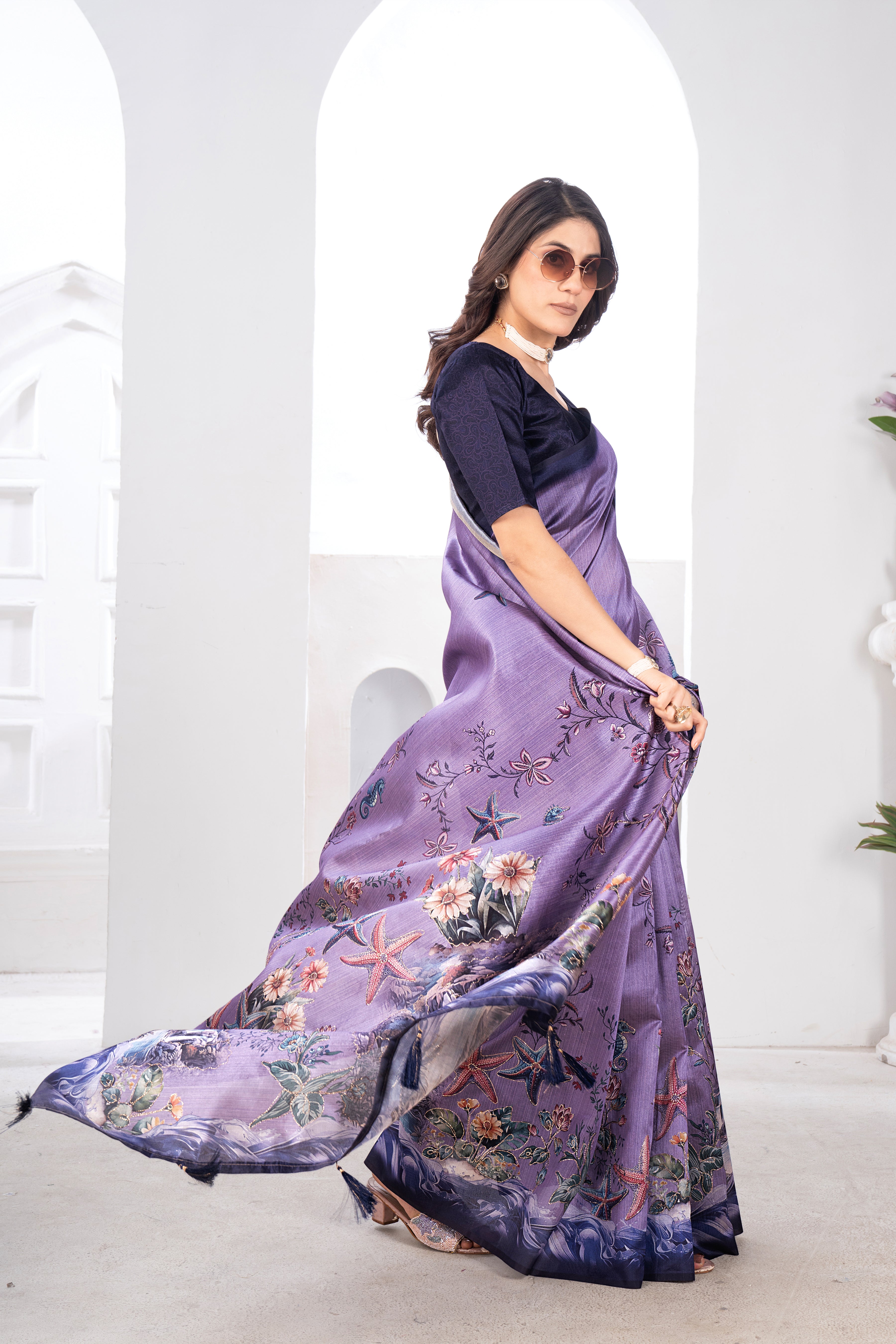 Lavender Zarna Silk Blend Kalamkari Saree