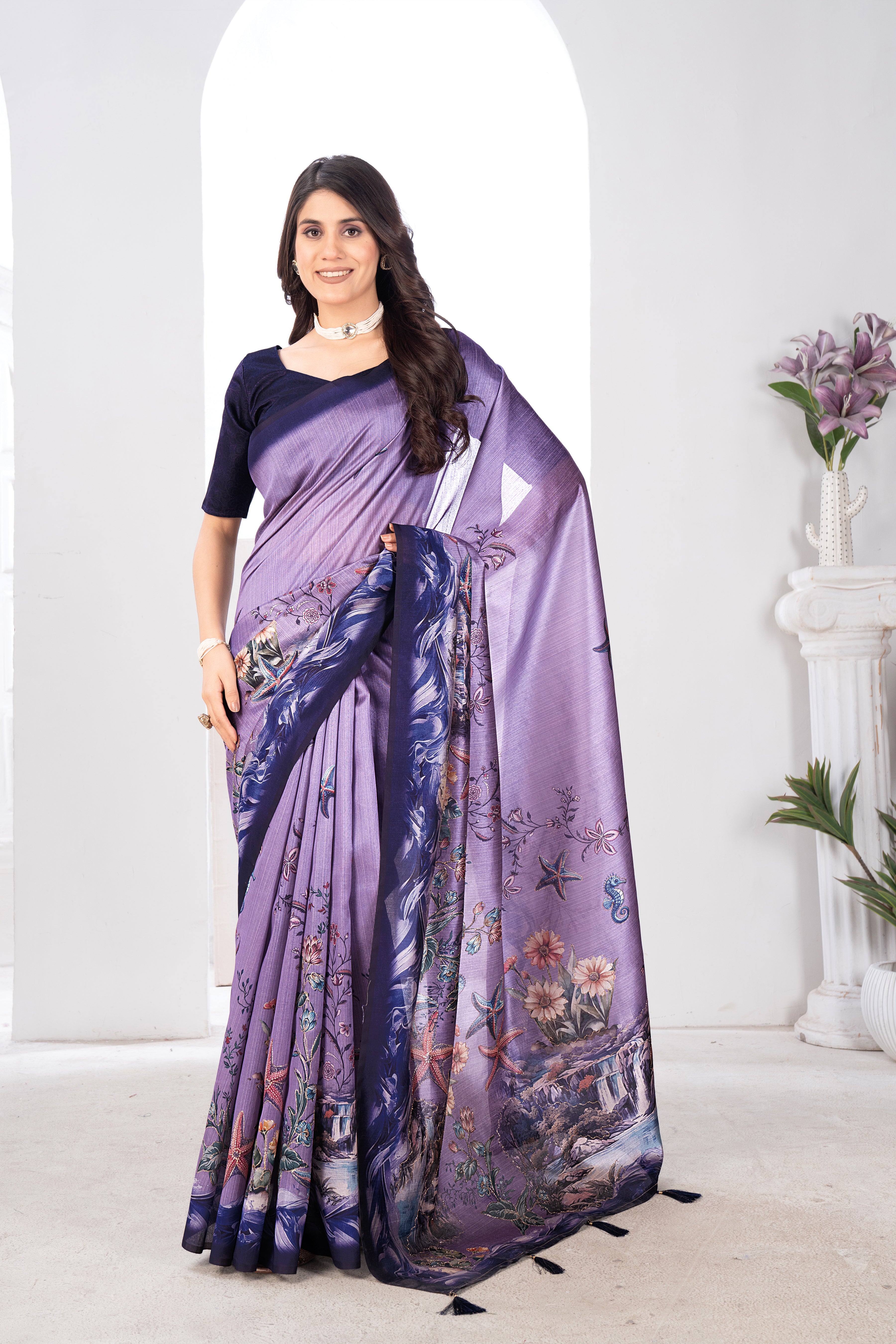 Lavender Zarna Silk Blend Kalamkari Saree