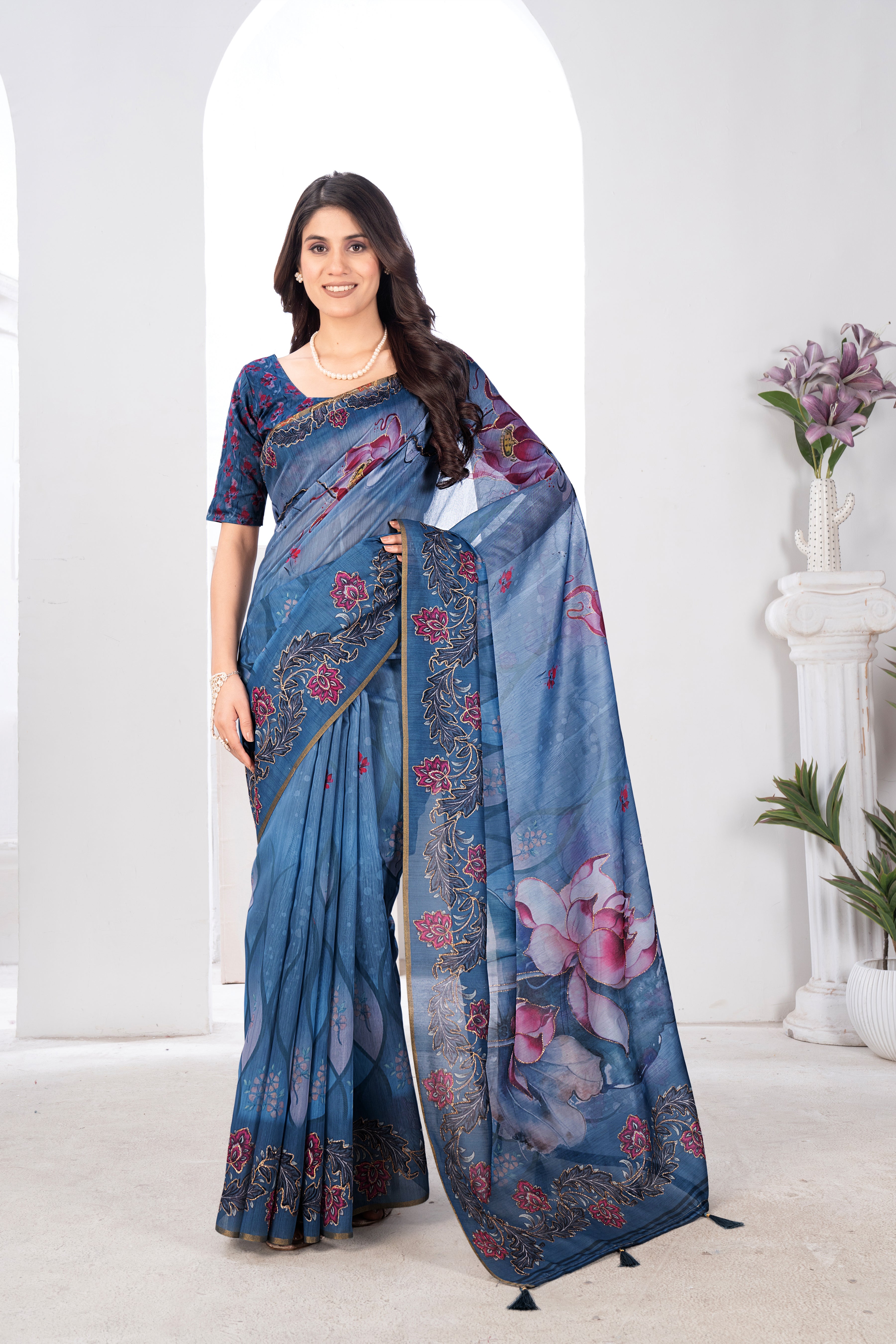 Petrol Blue Flora Semi Chanderi Saree