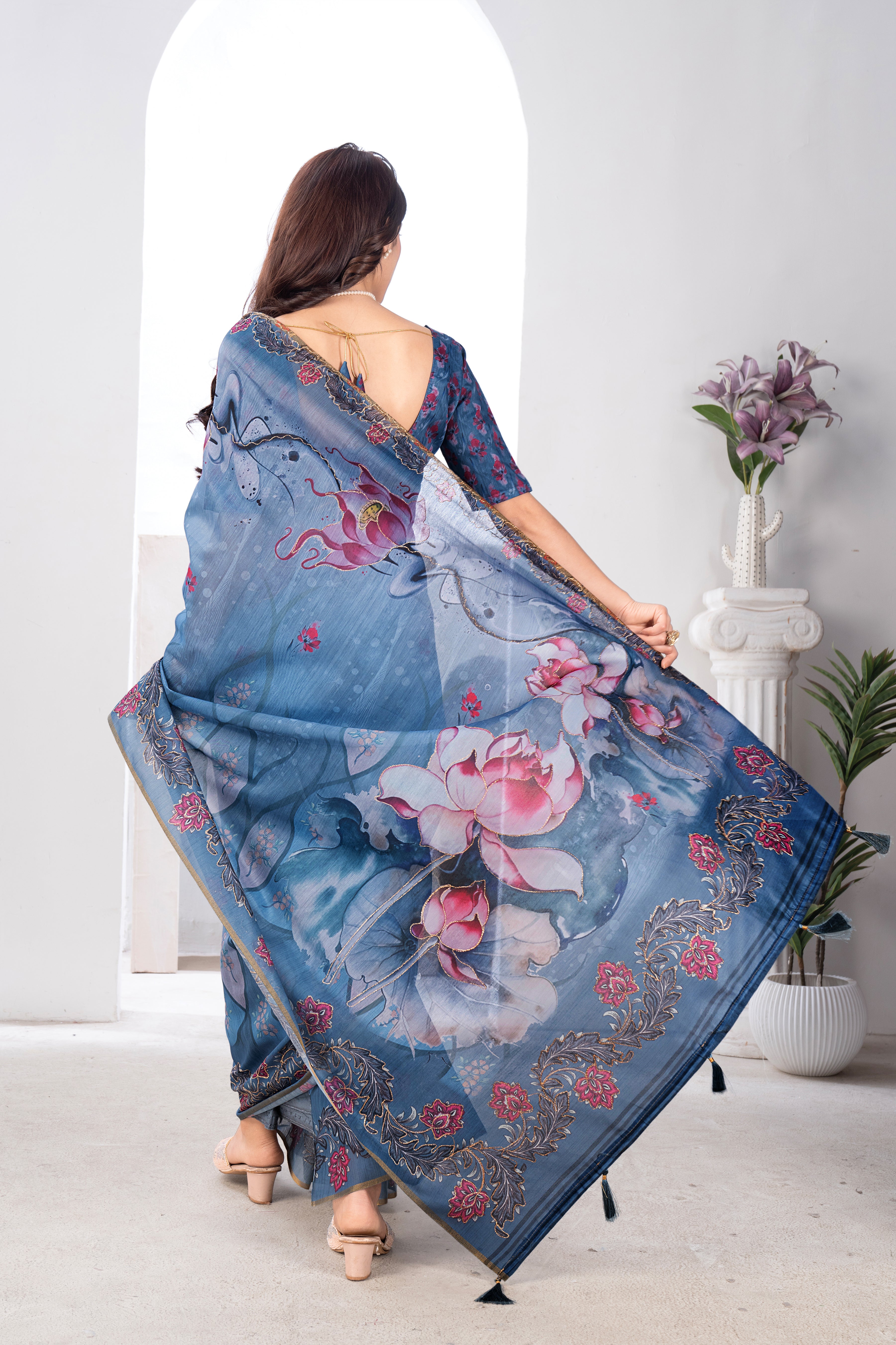 Petrol Blue Flora Semi Chanderi Saree