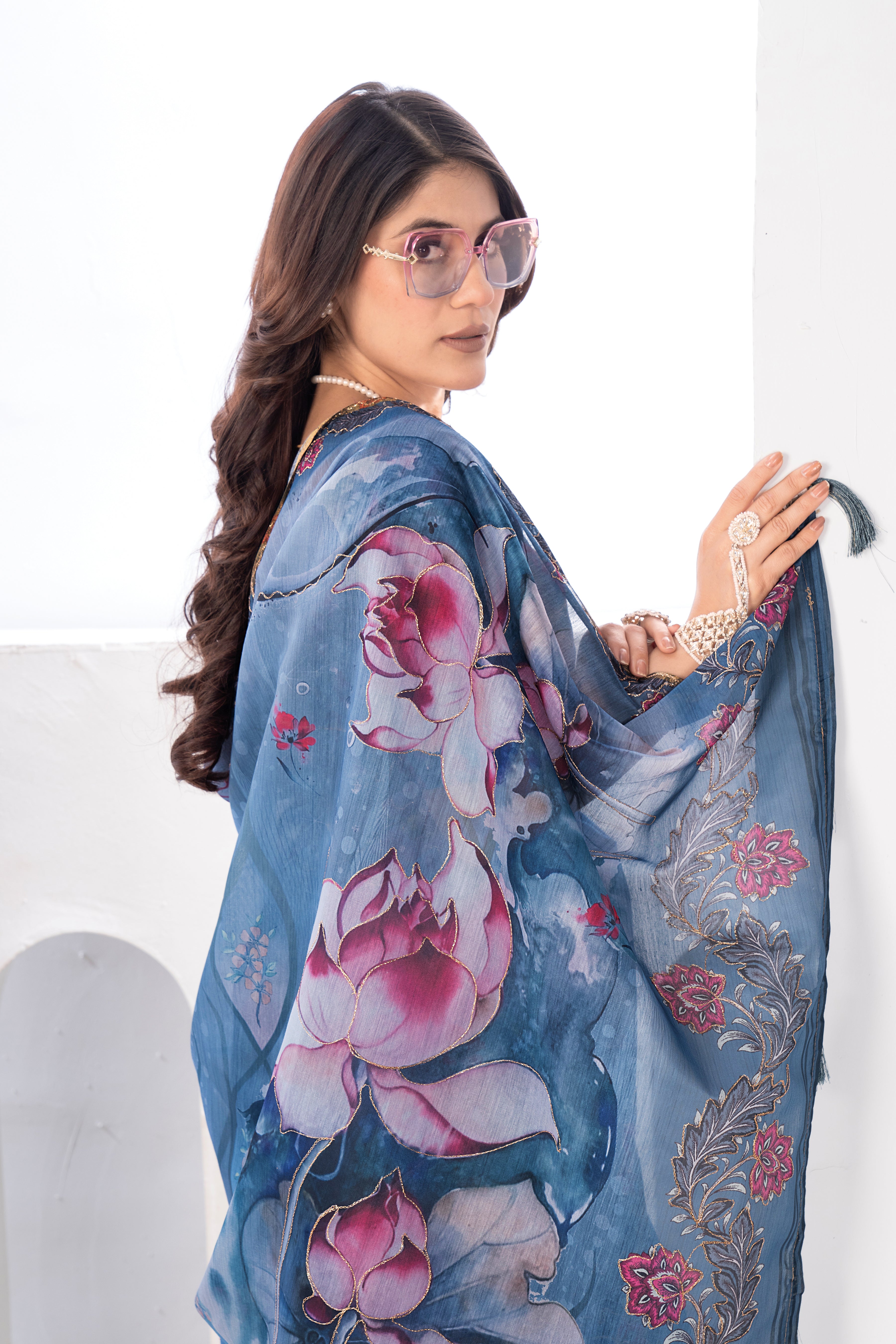 Petrol Blue Flora Semi Chanderi Saree