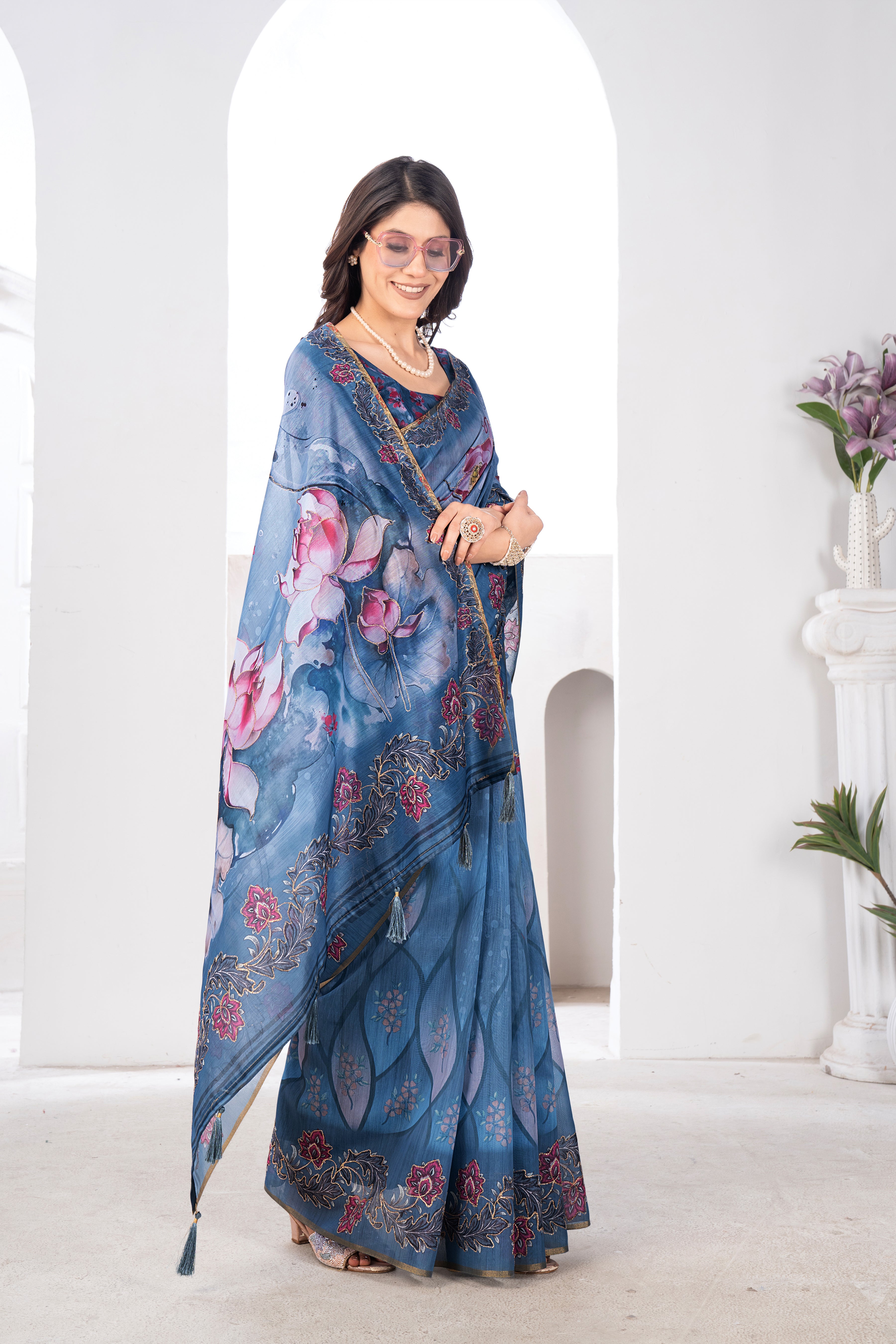 Petrol Blue Flora Semi Chanderi Saree