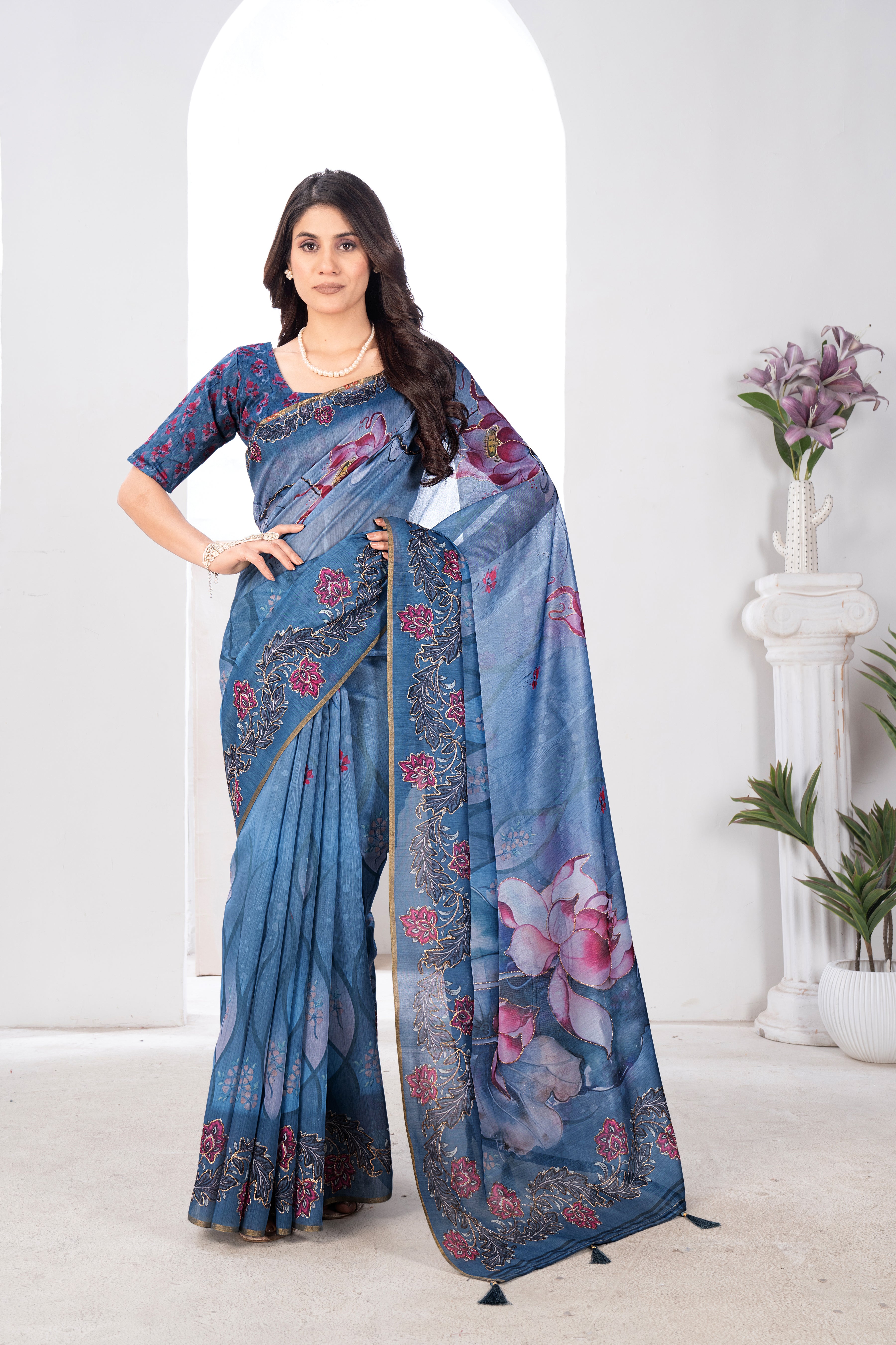 Petrol Blue Flora Semi Chanderi Saree