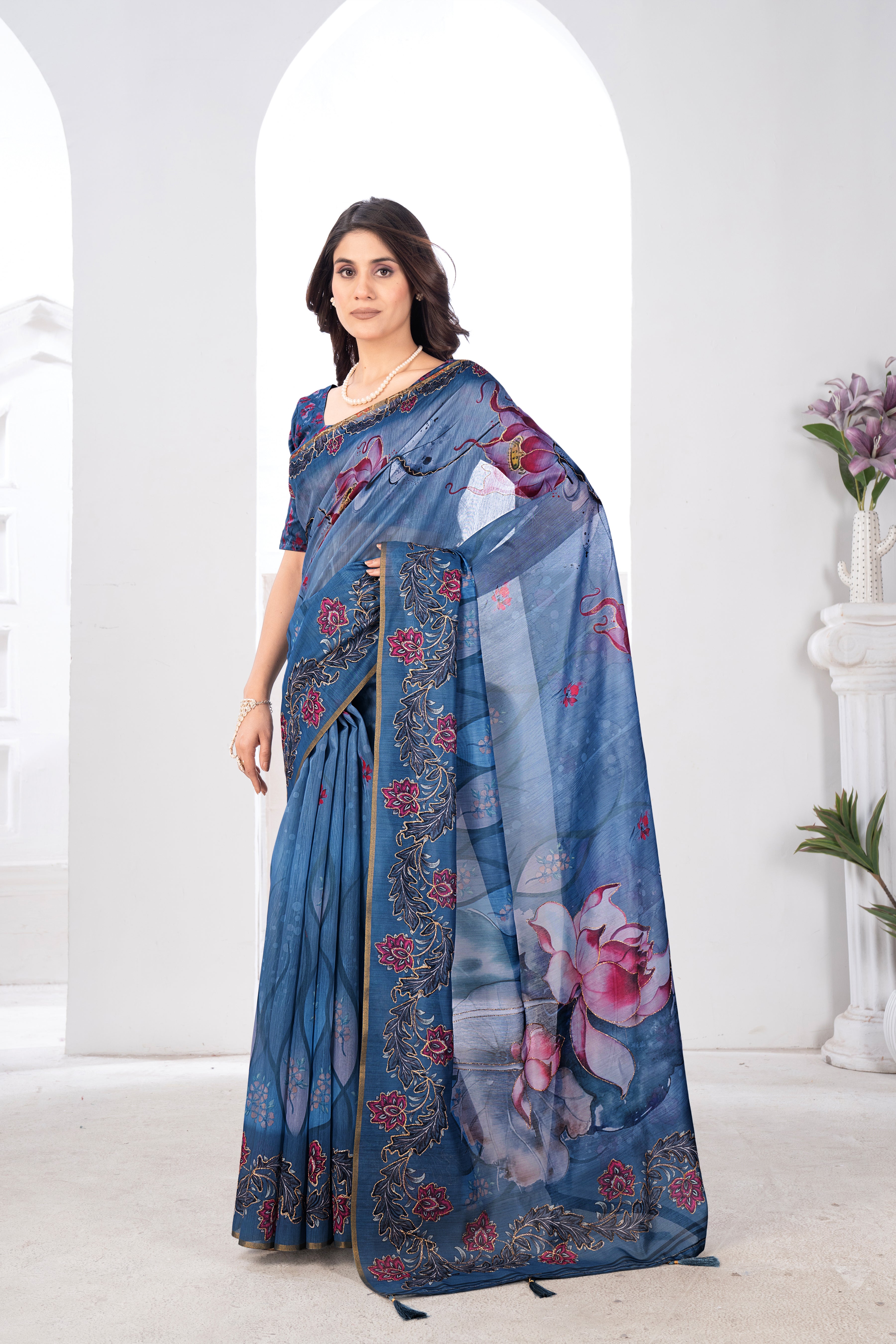 Petrol Blue Flora Semi Chanderi Saree