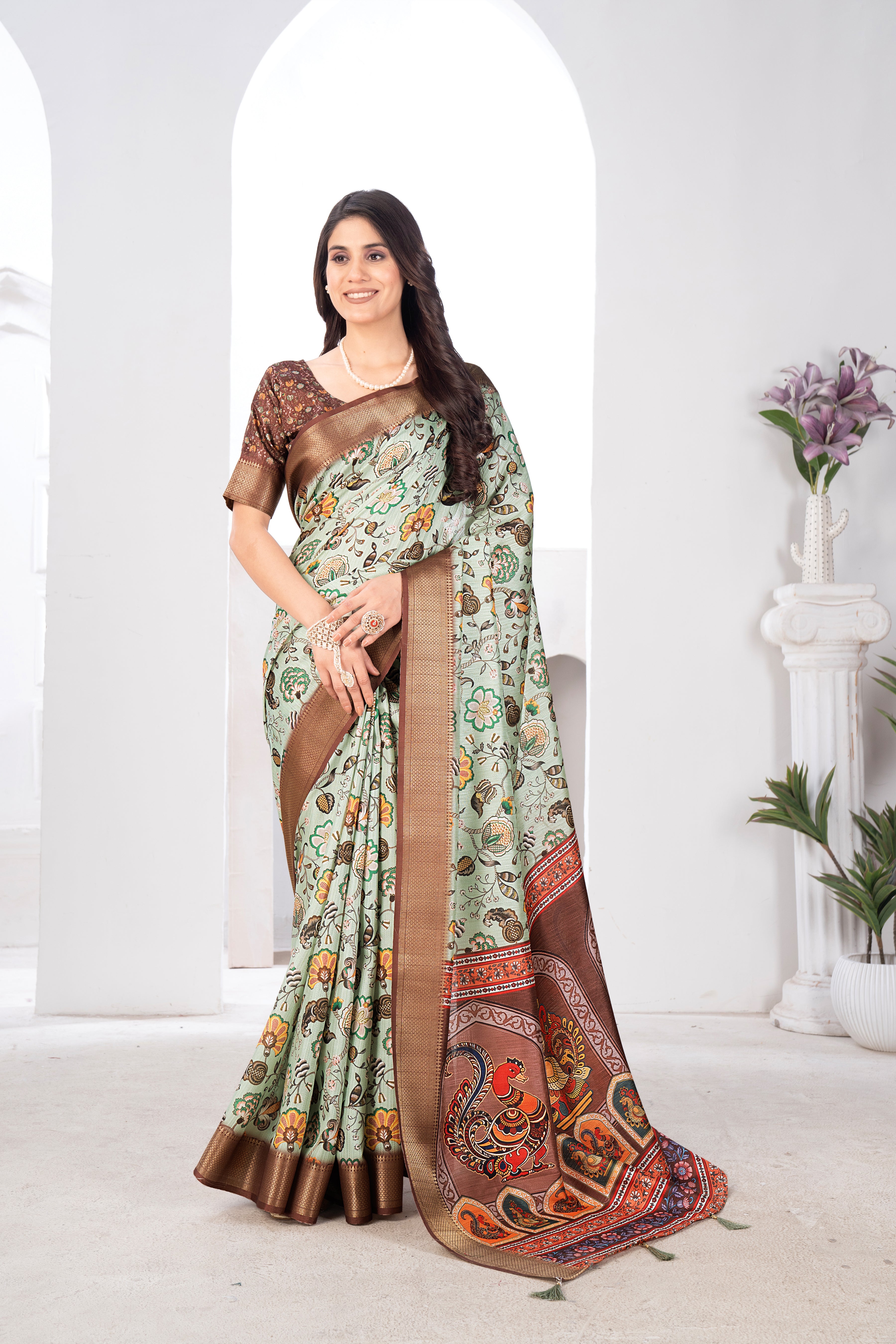 Pista Green Bhagalpuri Silk Kalamkari Saree