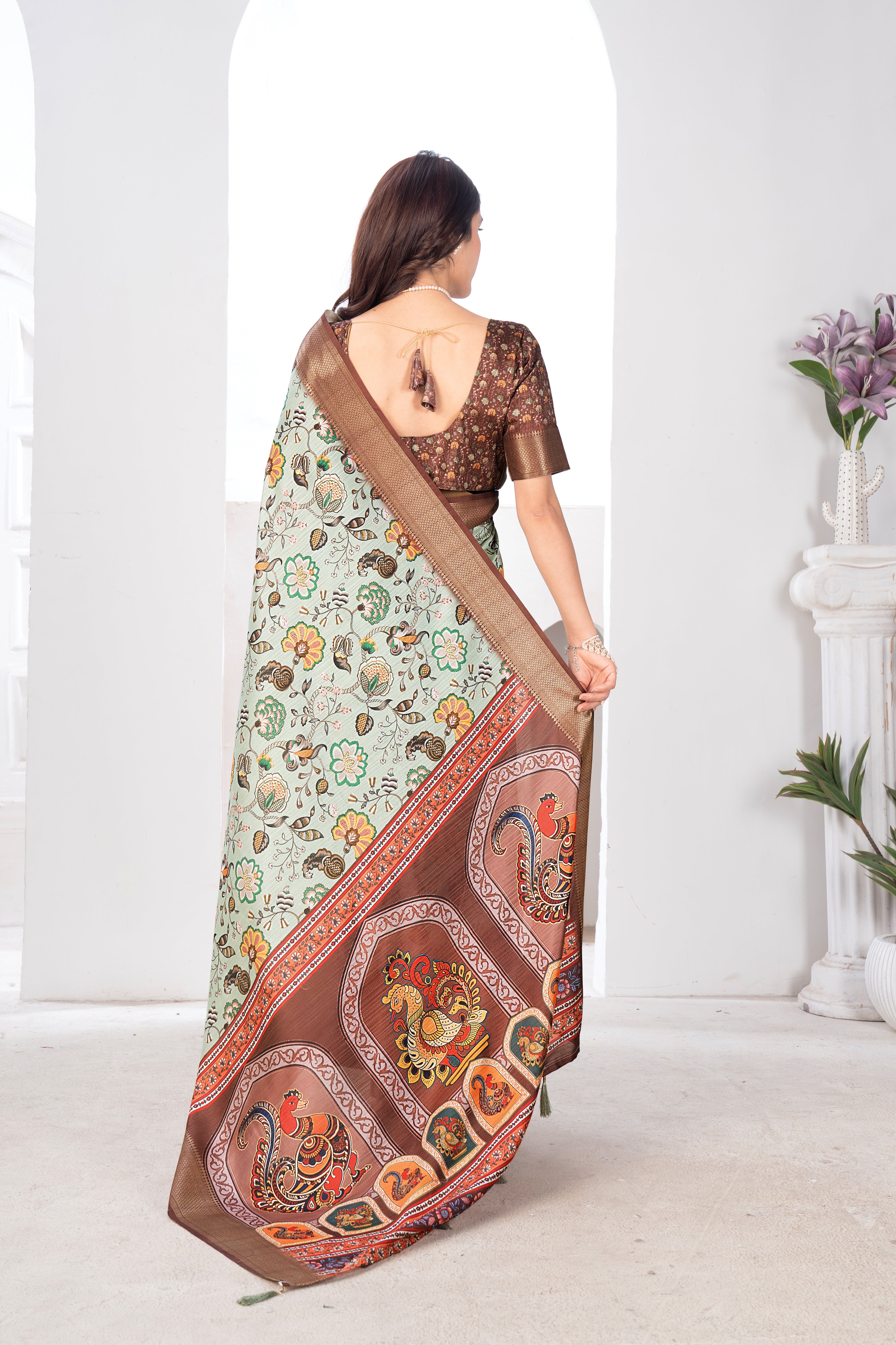 Pista Green Bhagalpuri Silk Kalamkari Saree