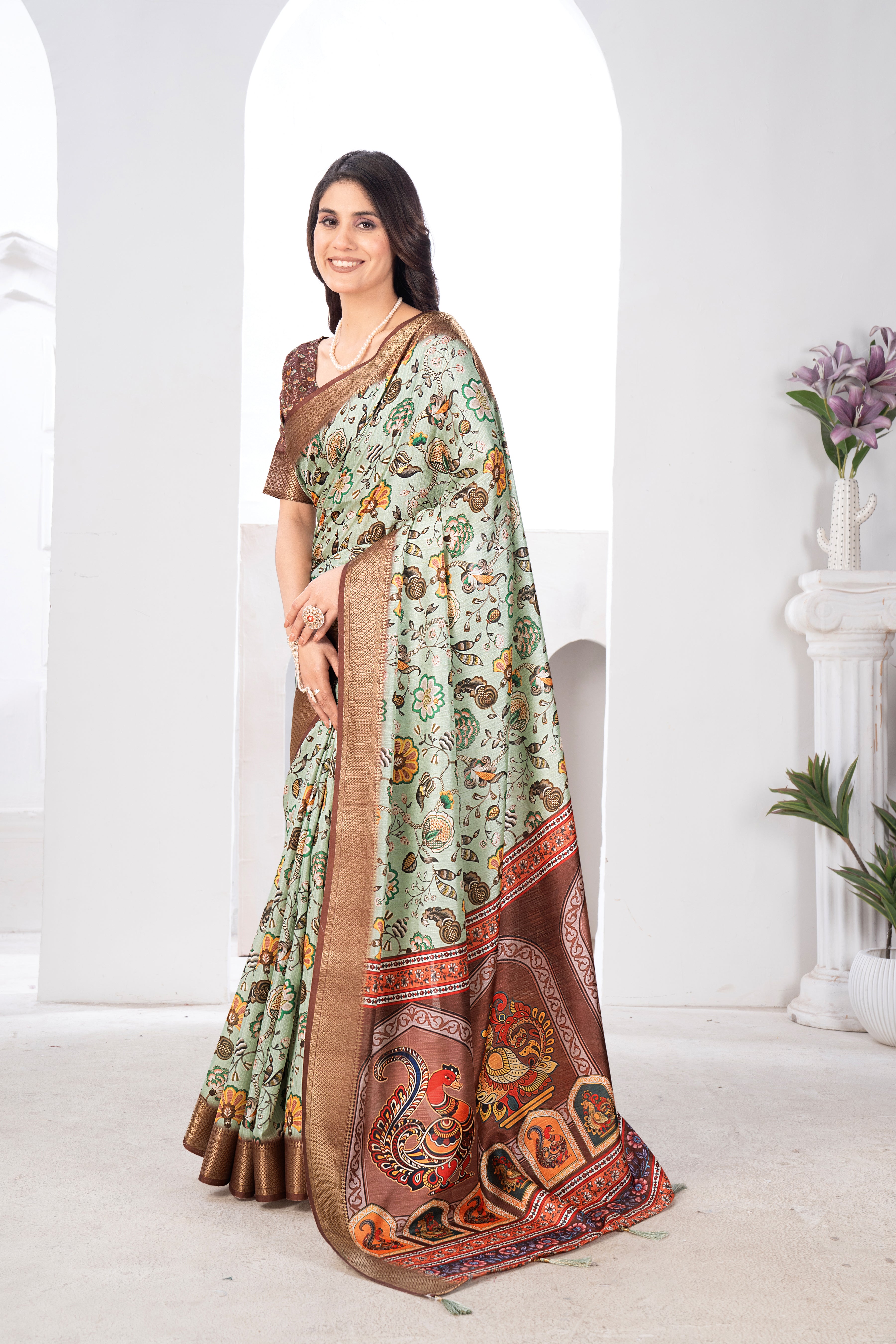 Pista Green Bhagalpuri Silk Kalamkari Saree