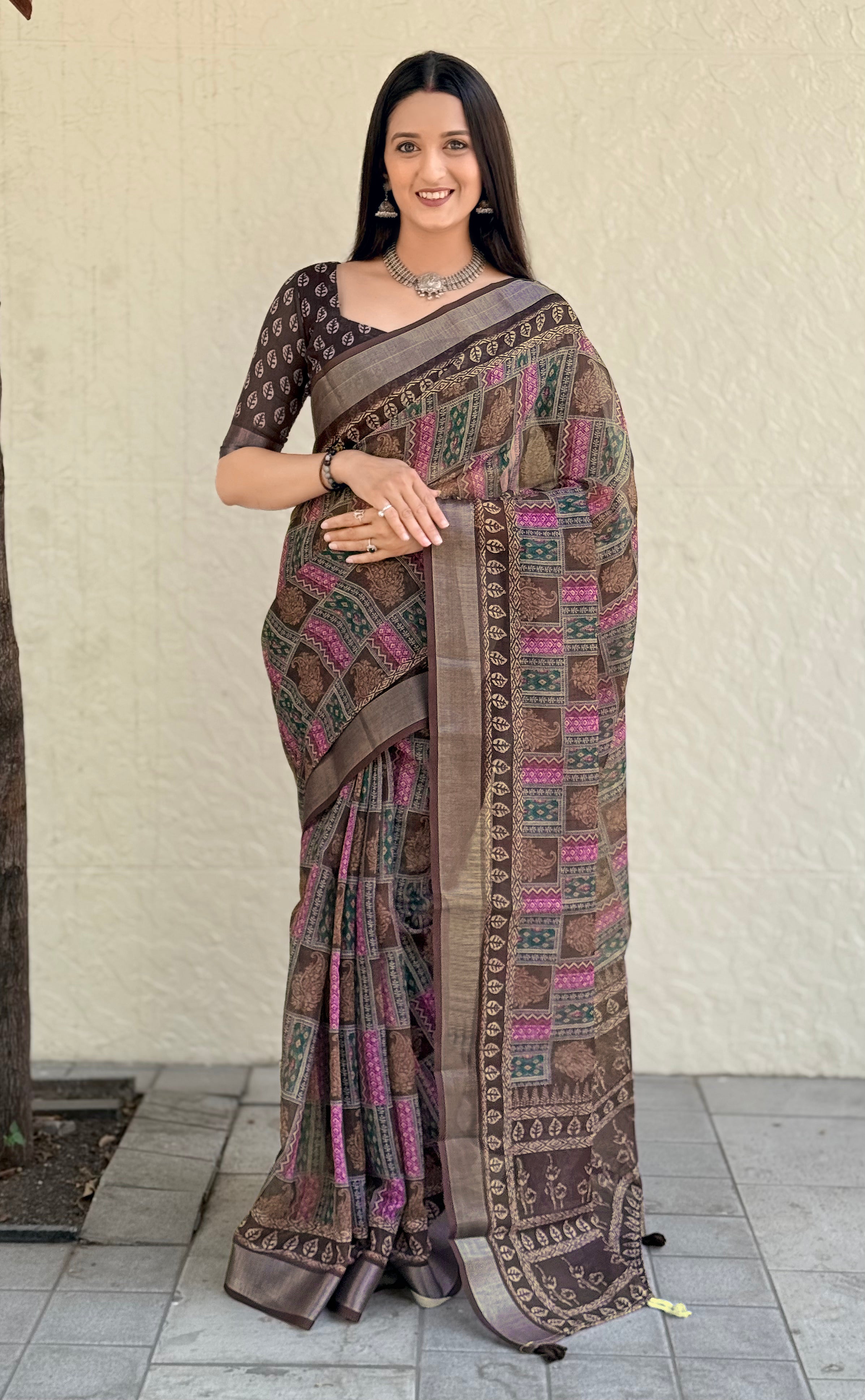 Premium Digital Geometric Print Brown Women Saree