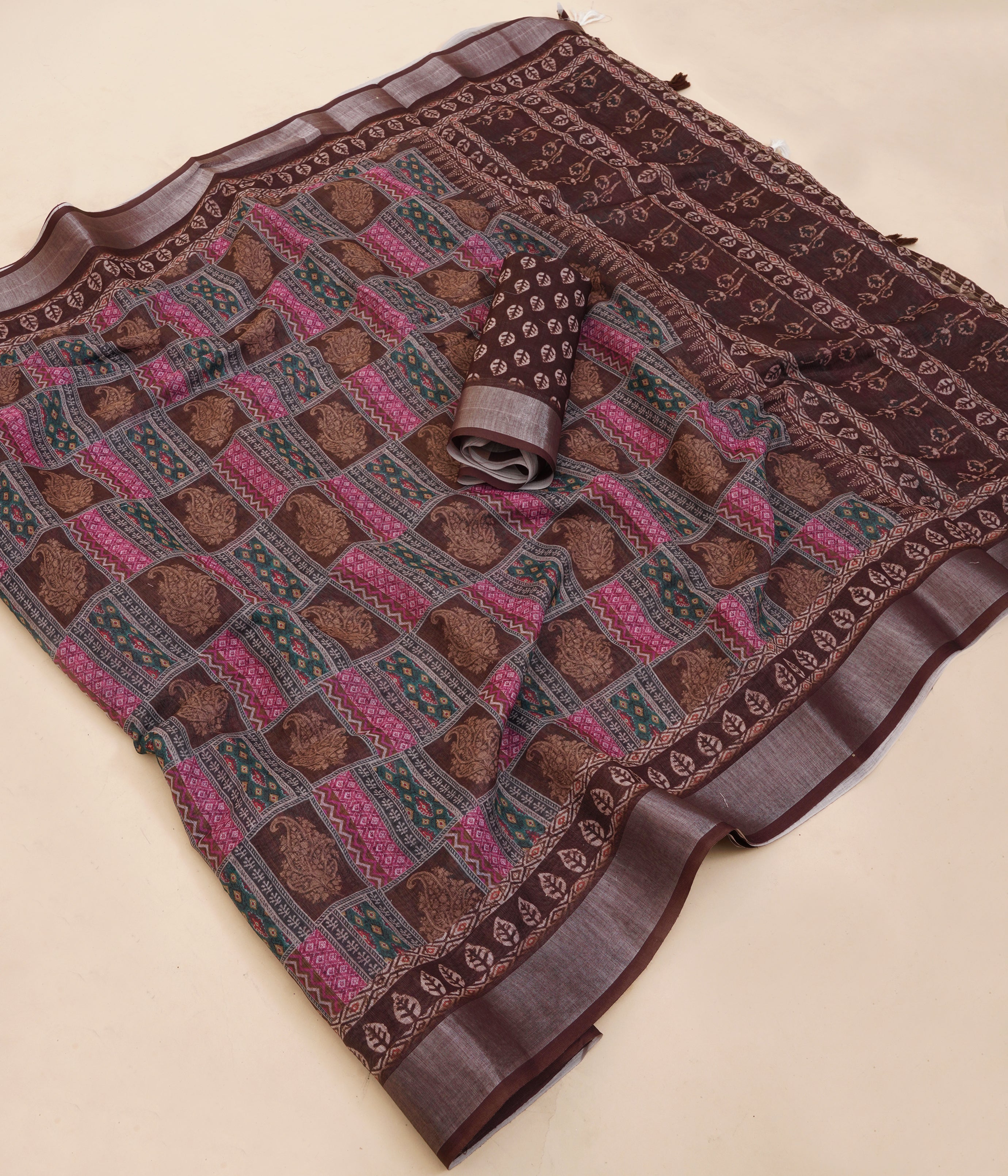 Premium Digital Geometric Print Brown Women Saree