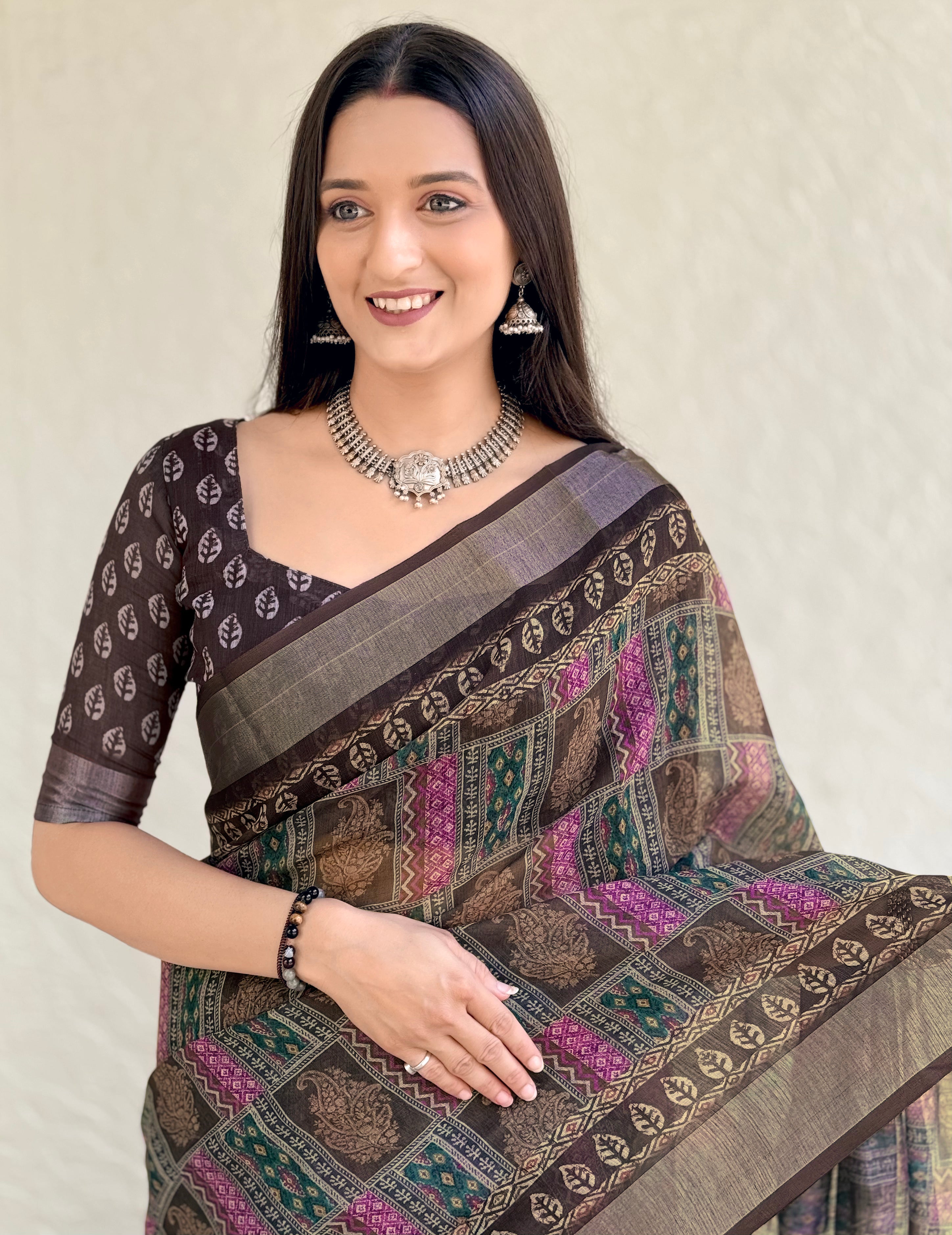 Premium Digital Geometric Print Brown Women Saree