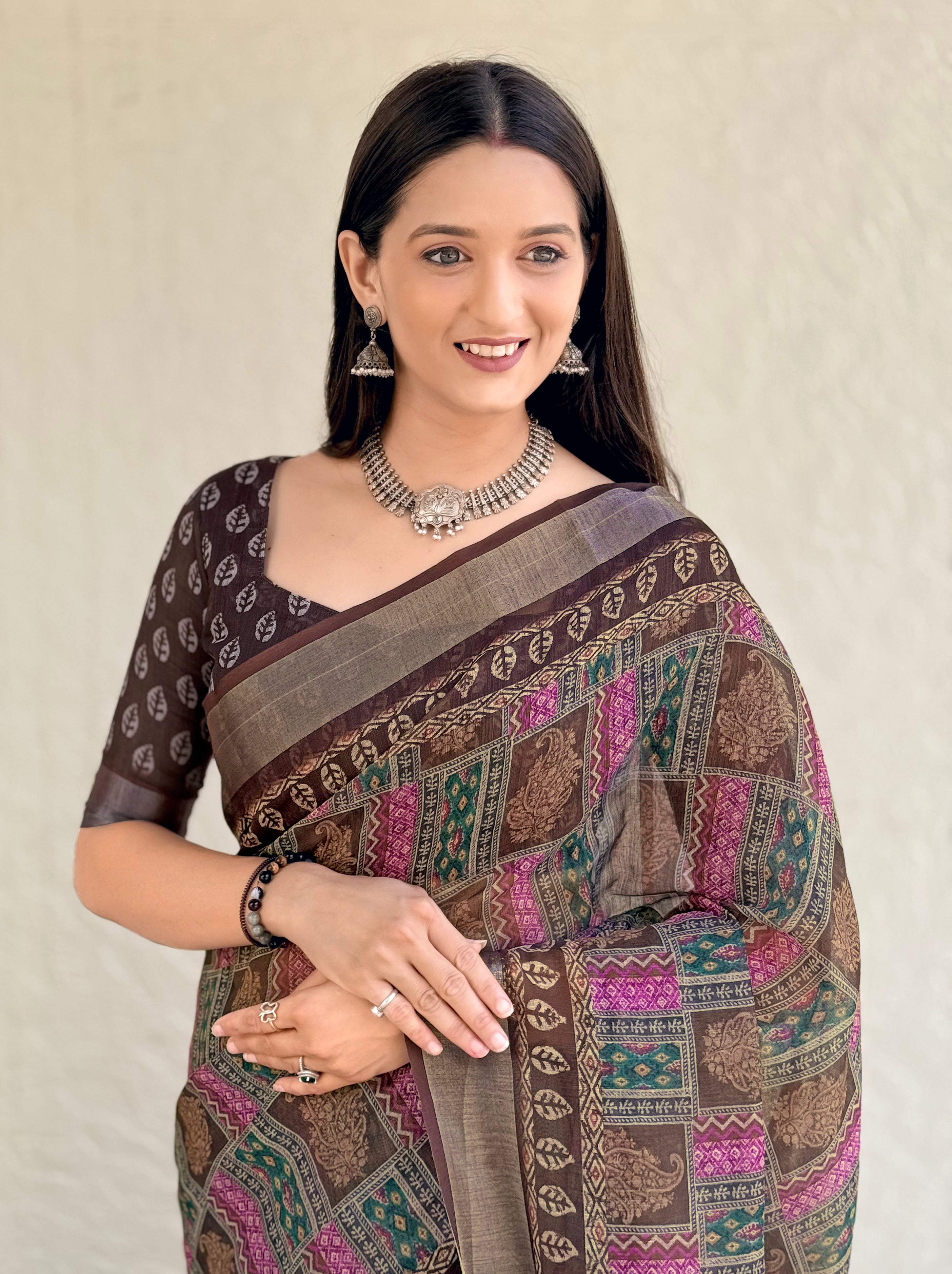 Premium Digital Geometric Print Brown Women Saree