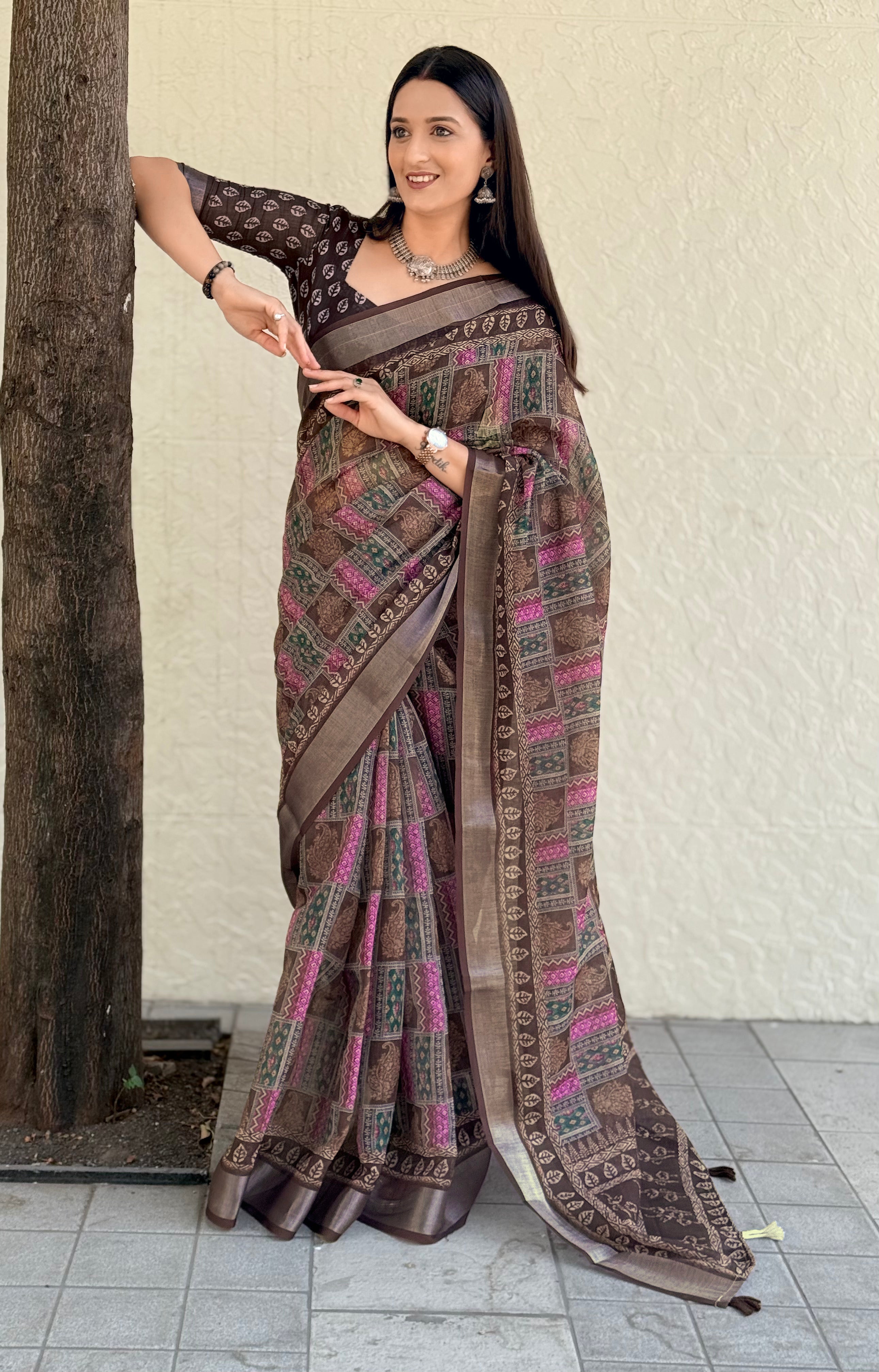 Premium Digital Geometric Print Brown Women Saree