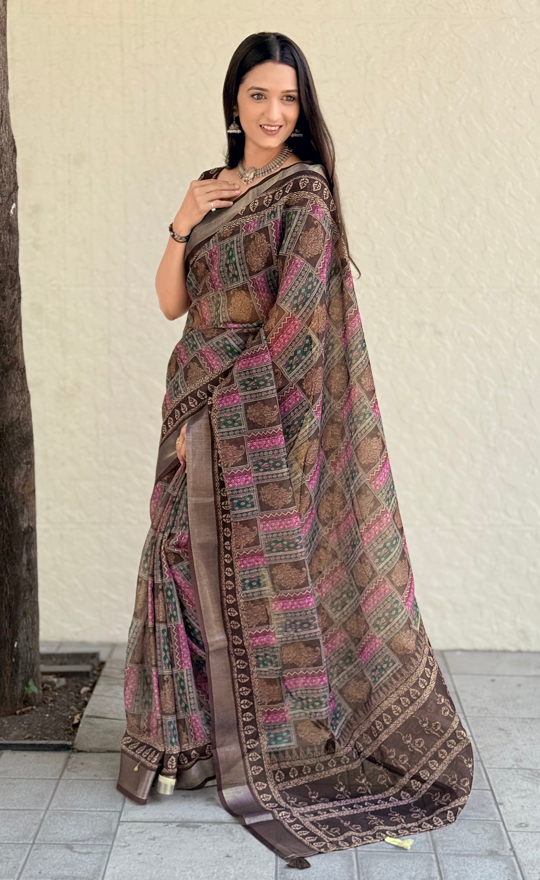 Premium Digital Geometric Print Brown Women Saree