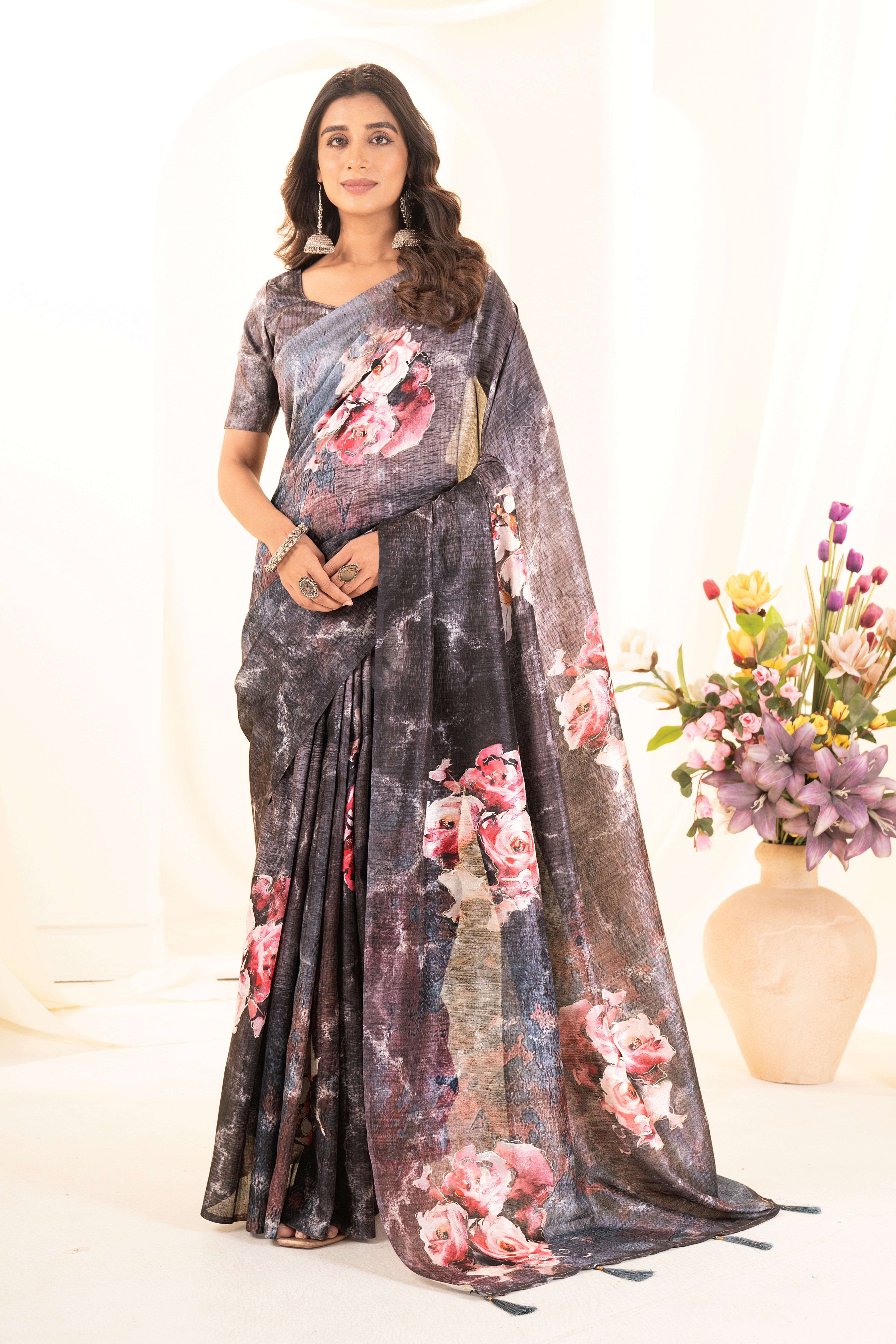 Black Tussar Silk Floral Saree