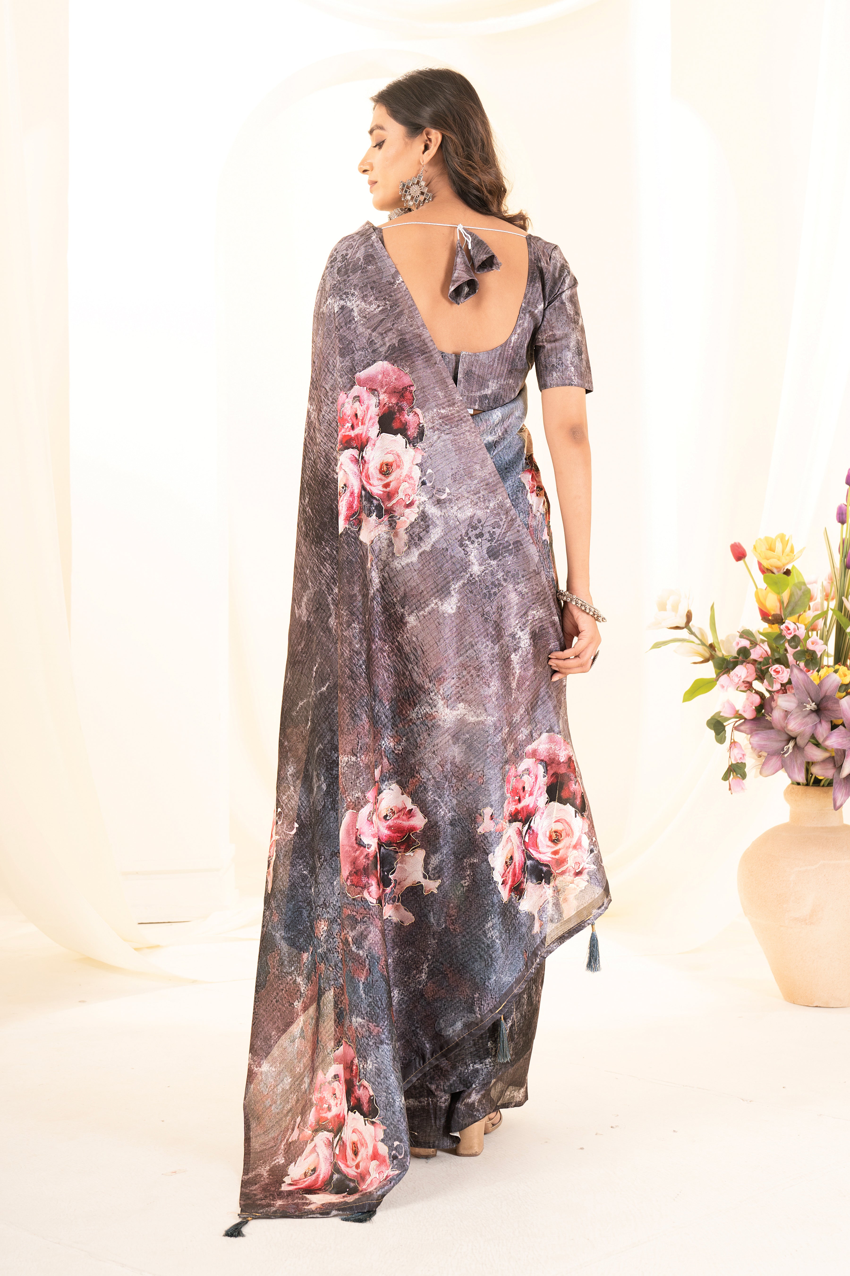 Black Tussar Silk Floral Saree