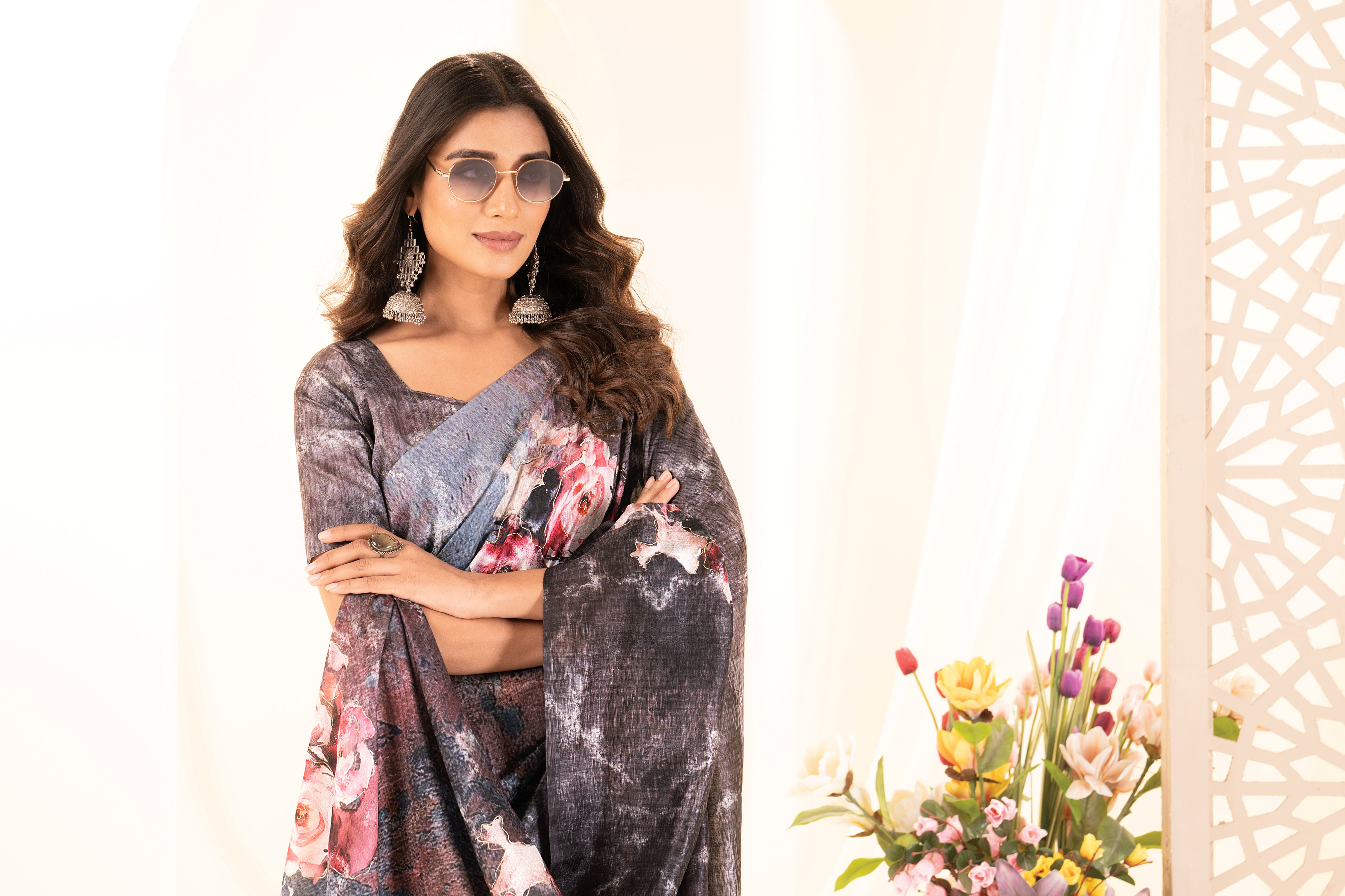 Black Tussar Silk Floral Saree