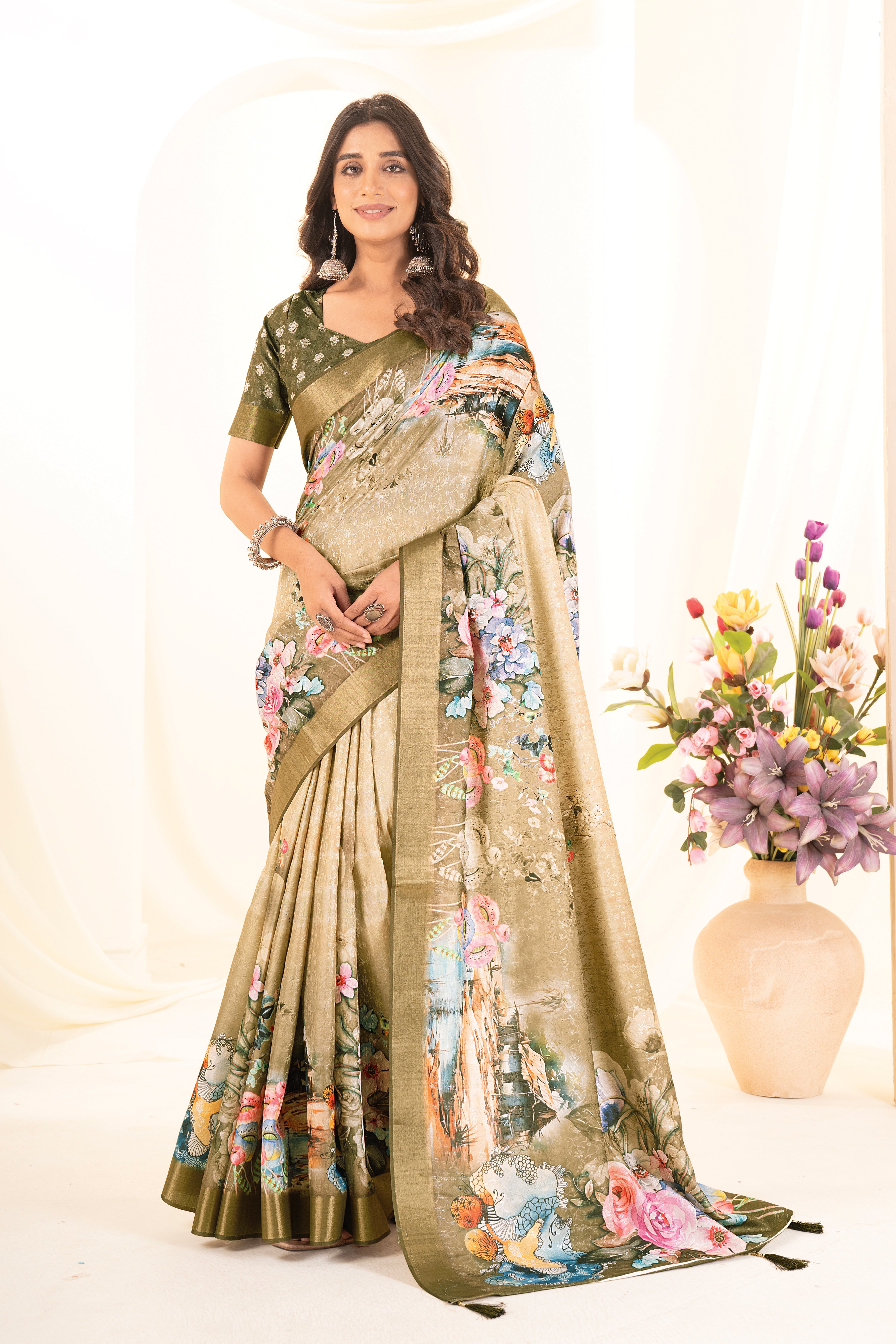 Beige Tussar Silk Floral Saree