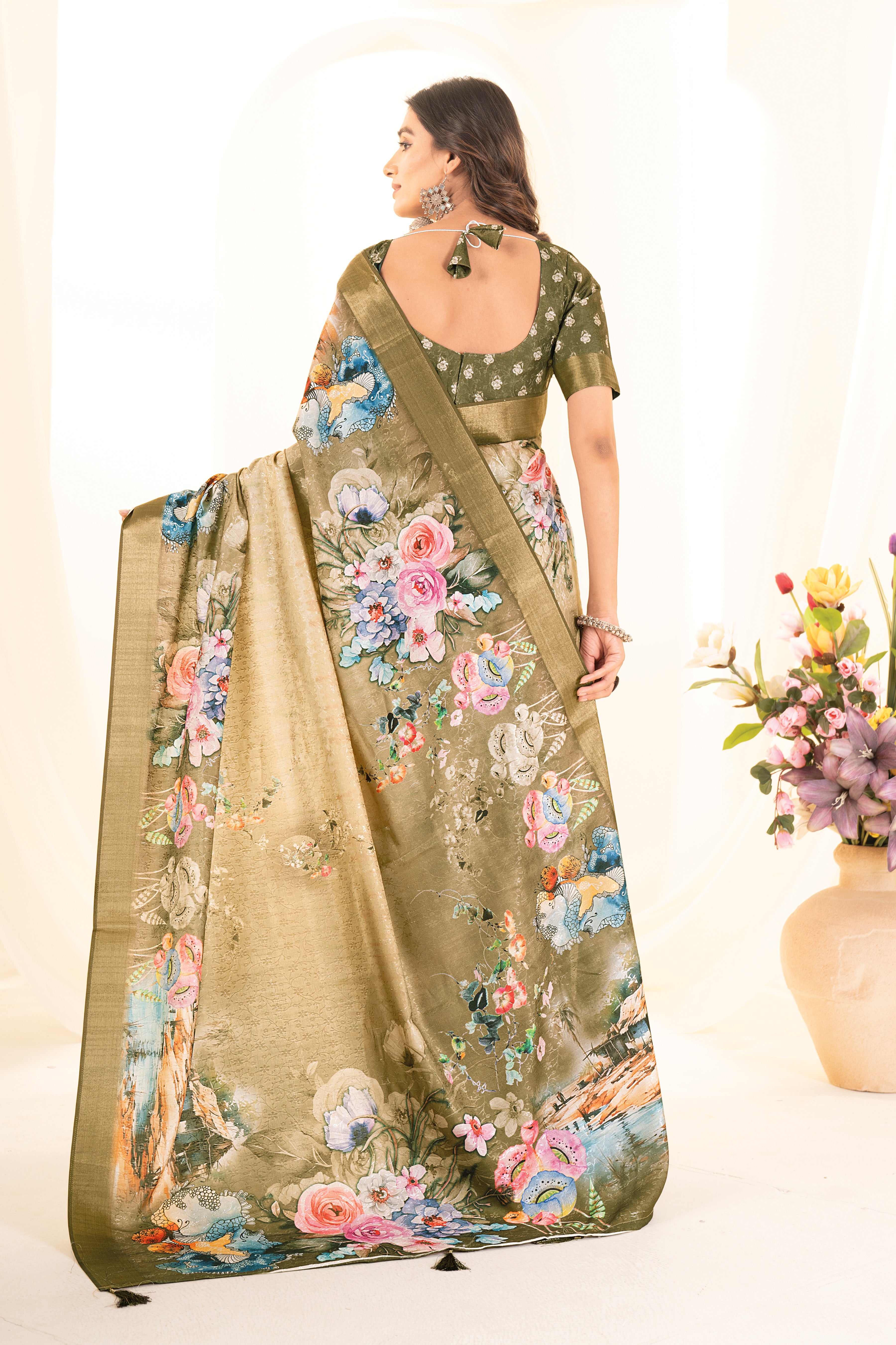 Beige Tussar Silk Floral Saree