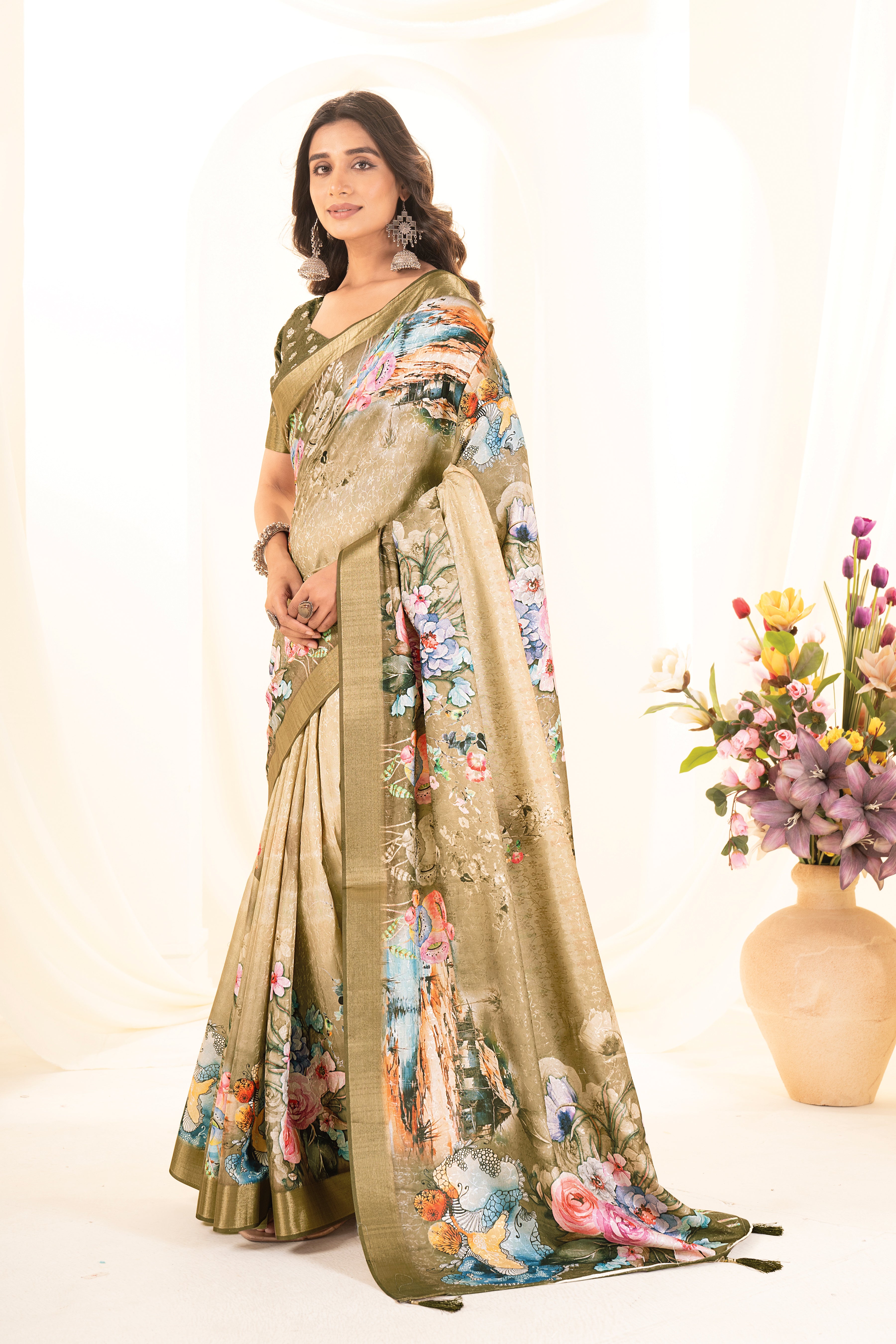 Beige Tussar Silk Floral Saree