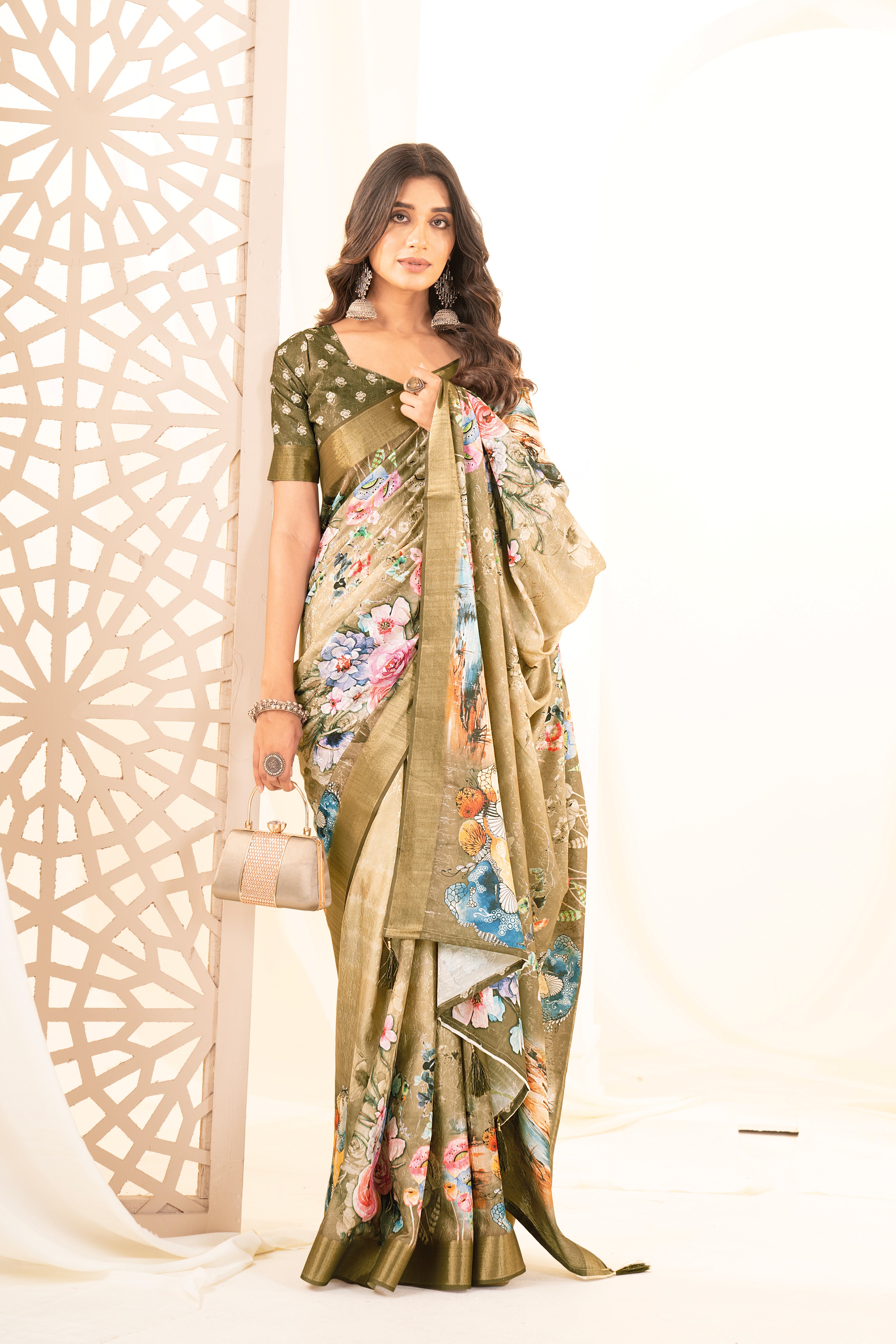Beige Tussar Silk Floral Saree