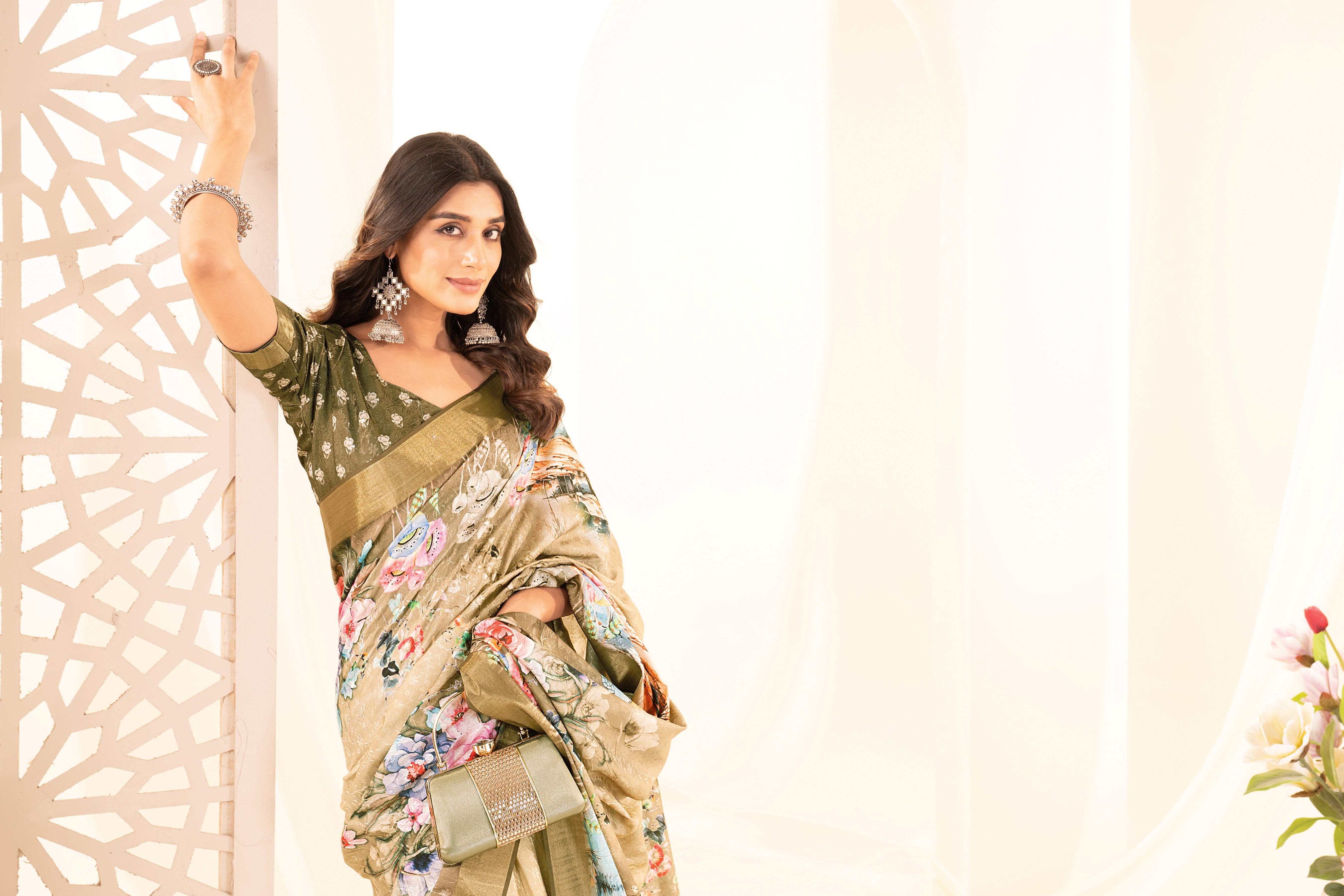 Beige Tussar Silk Floral Saree
