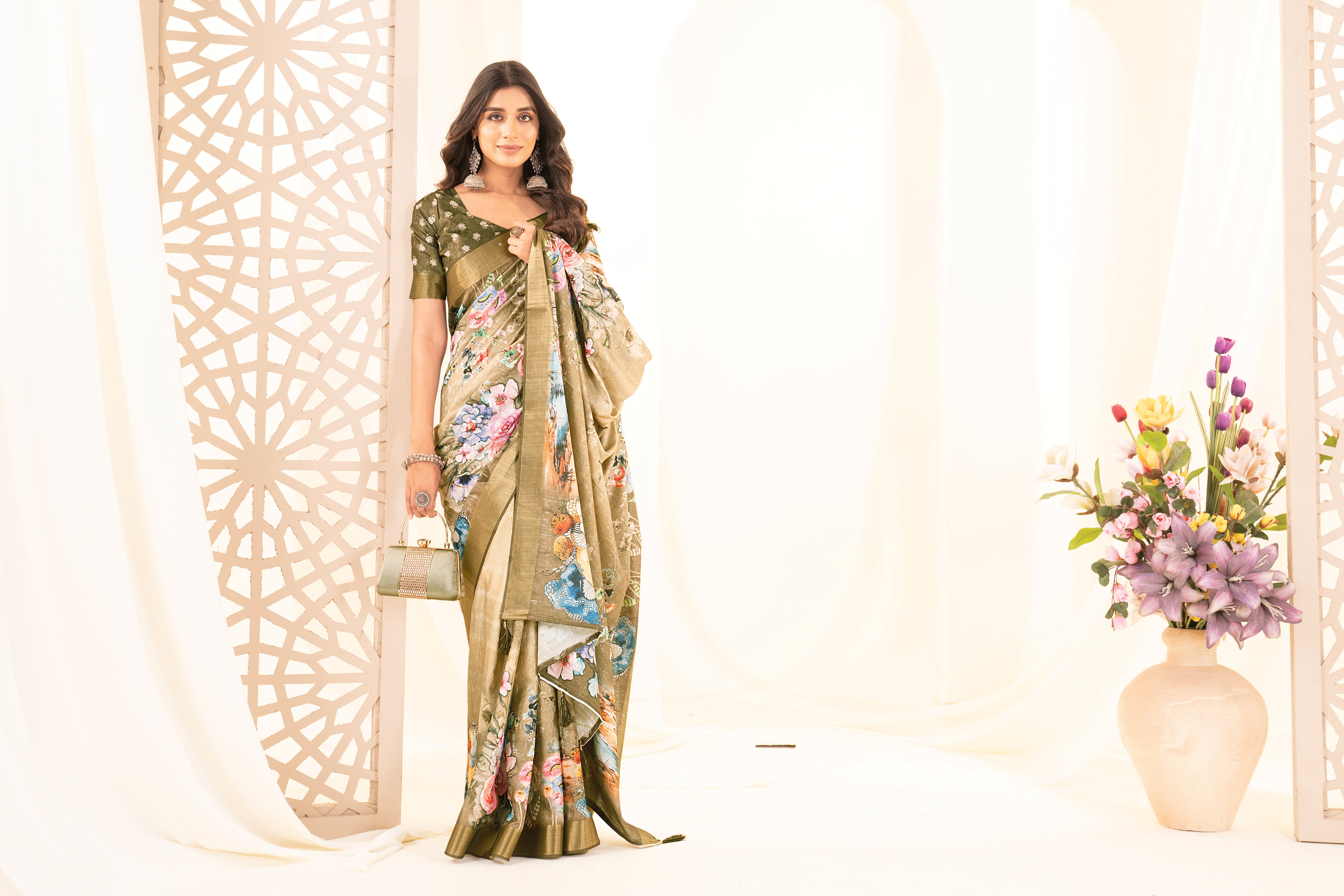 Beige Tussar Silk Floral Saree