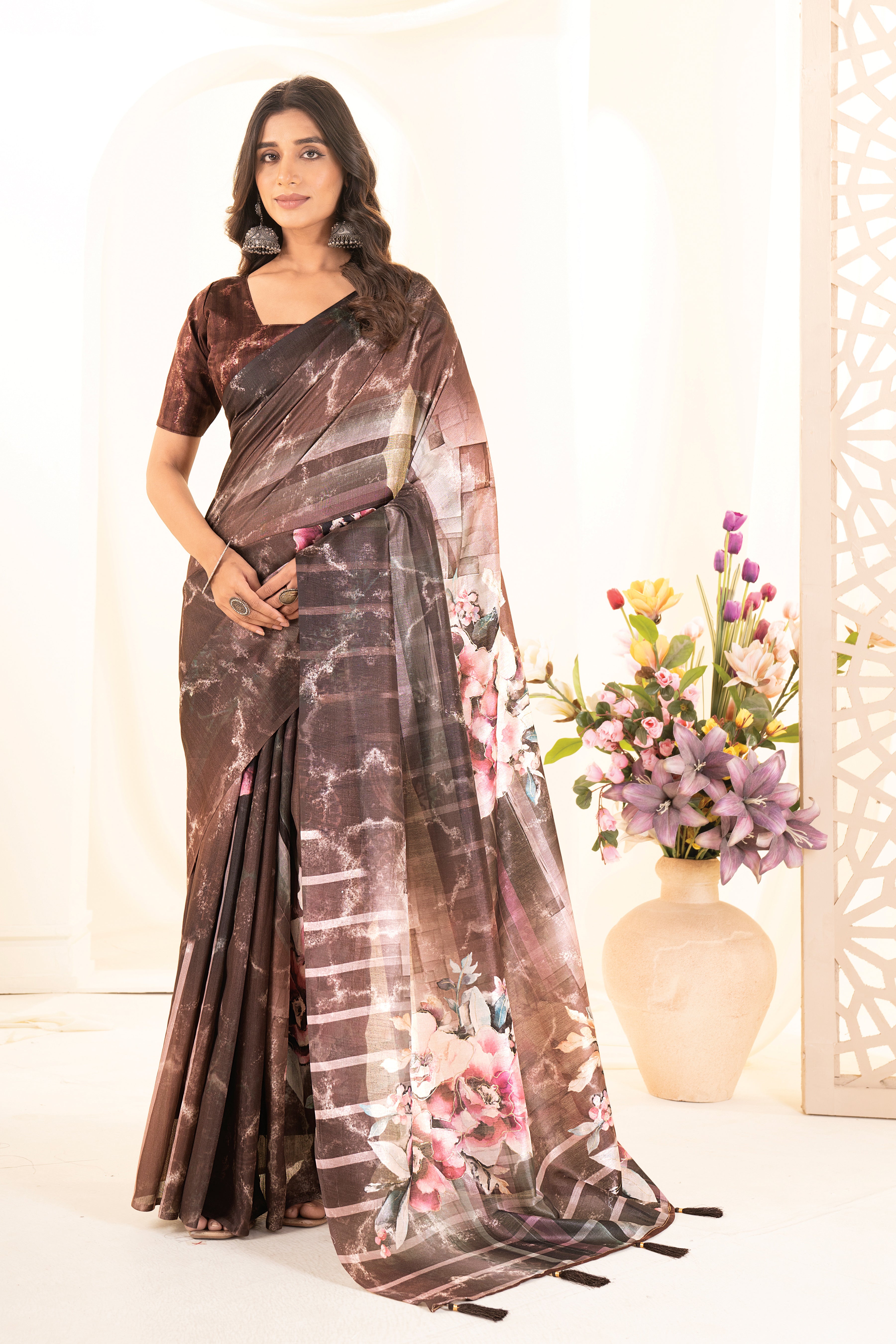 Coffee Tussar Silk Floral Saree